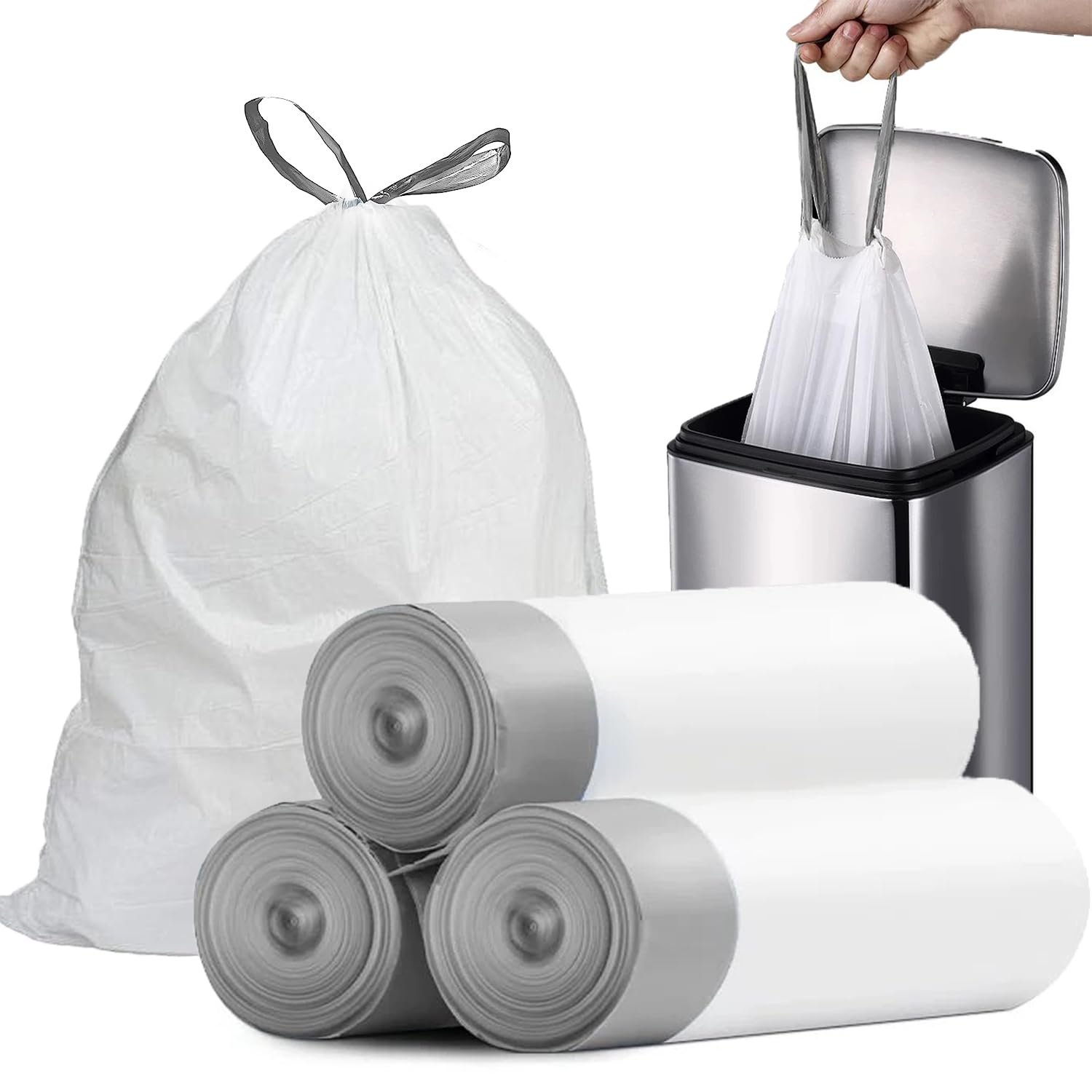 4 Gallon Small Trash Bags - 57 Count Drawstring Kitchen & Bathroom Garbage Bags | Unscented White 4 Gal Trash Can Liners for Home, Office & RV Use