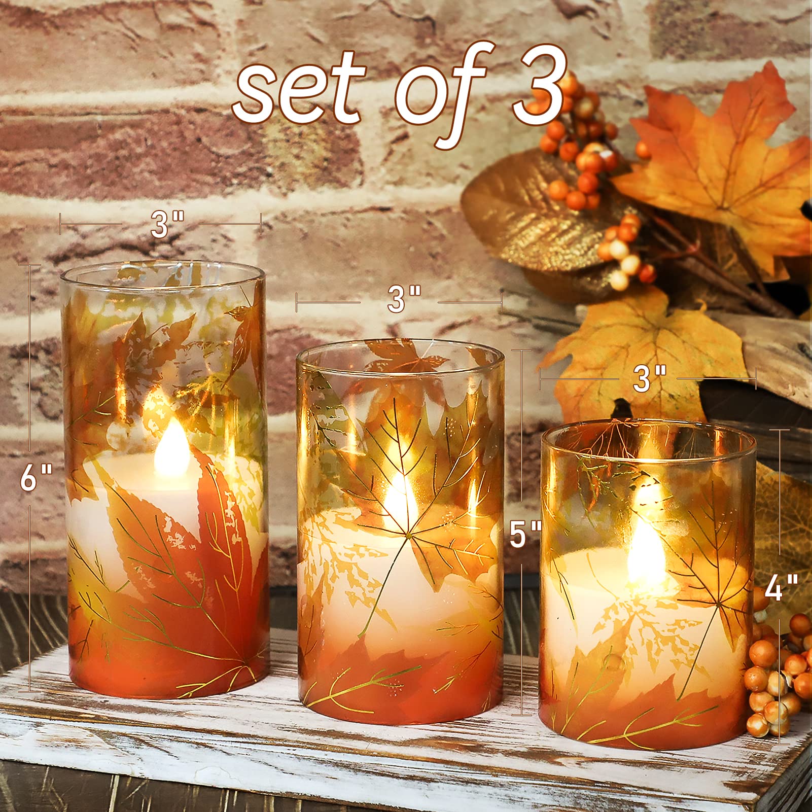 Realistic Flameless LED Candles with Remote & Timer - Battery Operated Maple Leaf Glass Pillar Candles for Fall Decor, Thanksgiving, Halloween - Perfect for Home, Dining Table, Fireplace & Seasonal Centerpieces