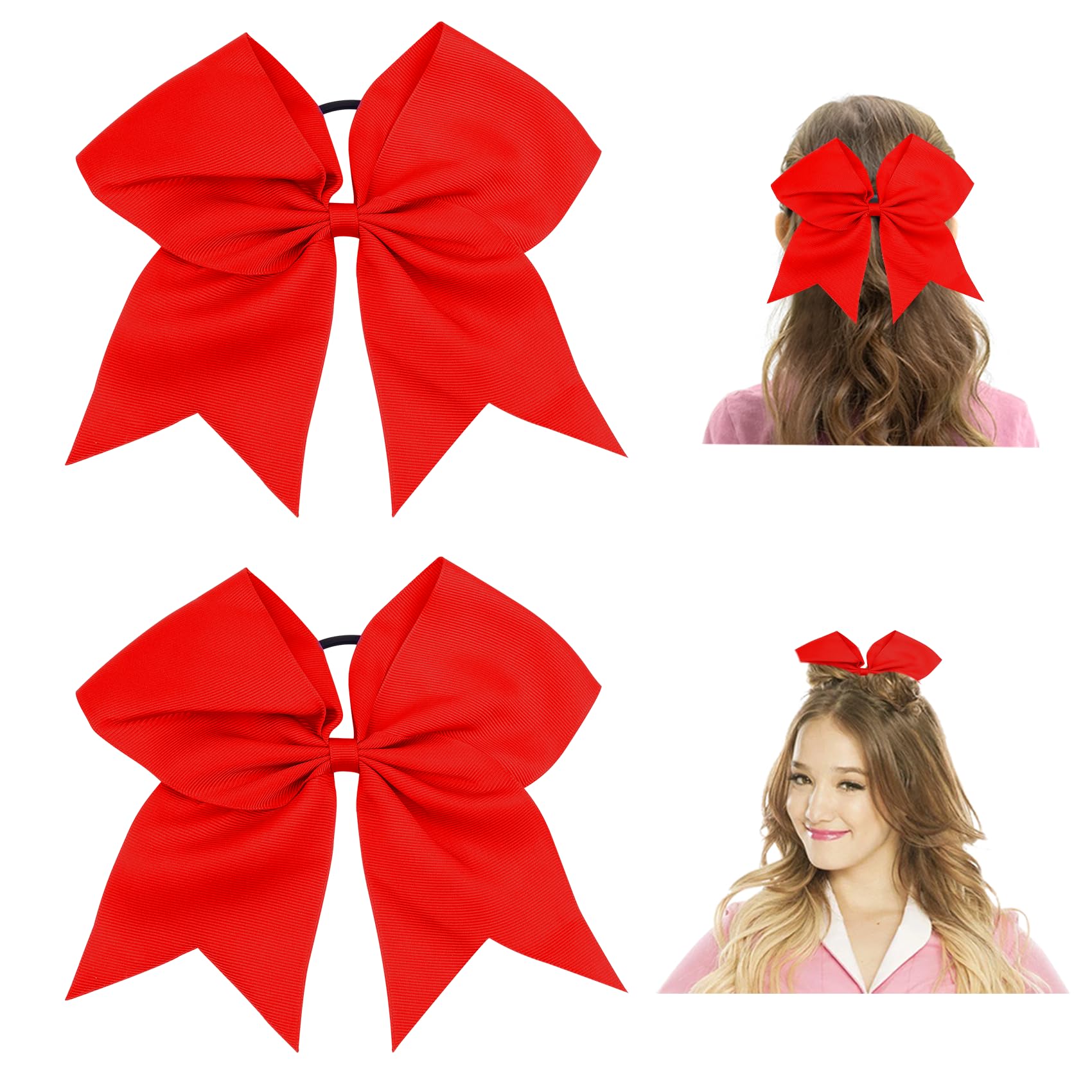Red Cheer Large 8 Inch Hair Bows for Girls - Cheerleading Accessories, Softball Hair Ties, Ponytail Holders & Scrunchies with Bows (2 Pack) - Perfect for Cheer Competitions, School Sports & Dance Performances
