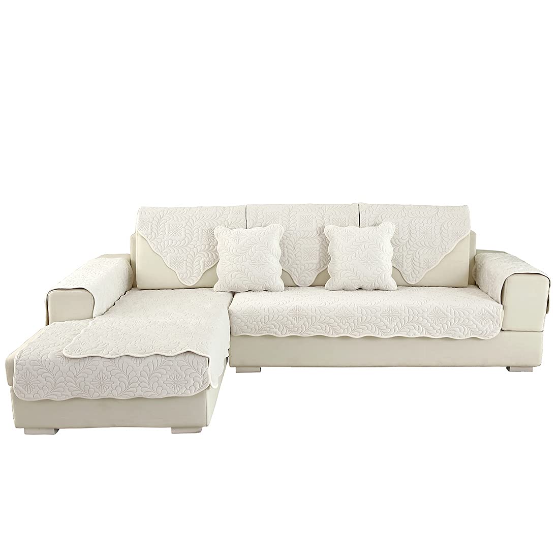 Velvet Quilted Sofa Cover for Sectional Couches - Soft Non-Slip Pet-Friendly Slipcover for Dogs & Cats - Fits L-Shaped Leather Recliners (43