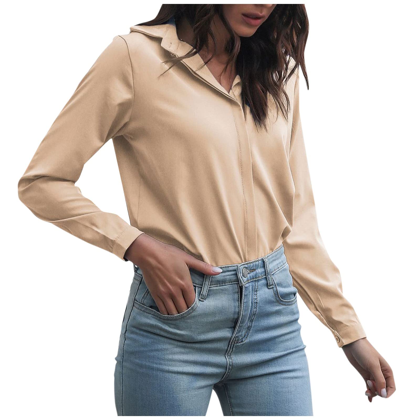 Women's Button Down Blouse - V-Neck Long Sleeve Loose Fit Shirt for Work & Formal Wear | Comfortable Office Tops & Business Casual Blouses | Perfect for Professional Meetings, Office Outfits & Everyday Elegance