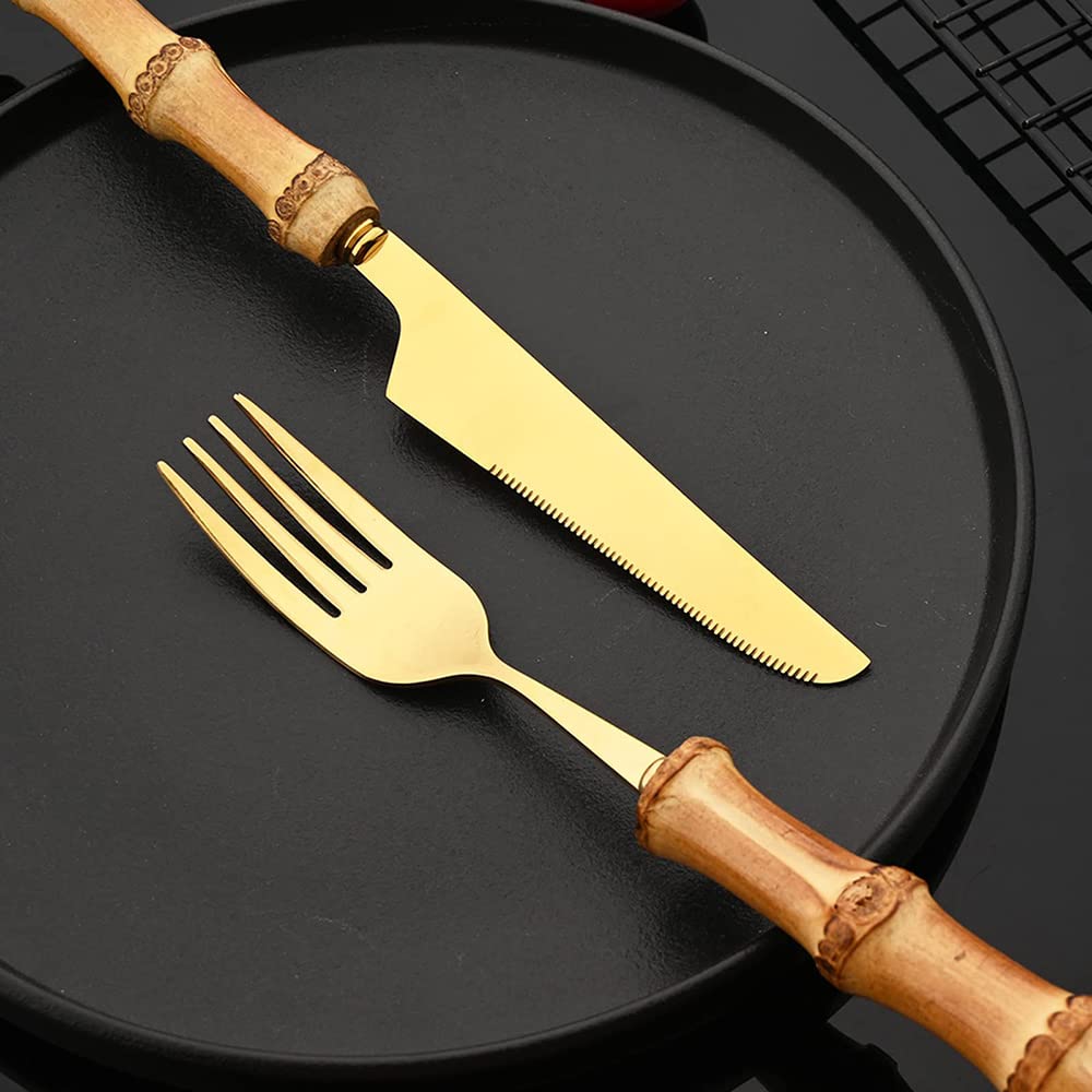 72-Piece Bamboo Handle Stainless Steel Cutlery Set - 18/8 Golden Flatware for 18, Dishwasher Safe Kitchen Utensils - Perfect for Dinner Parties, Camping & Eco-Friendly Home Dining