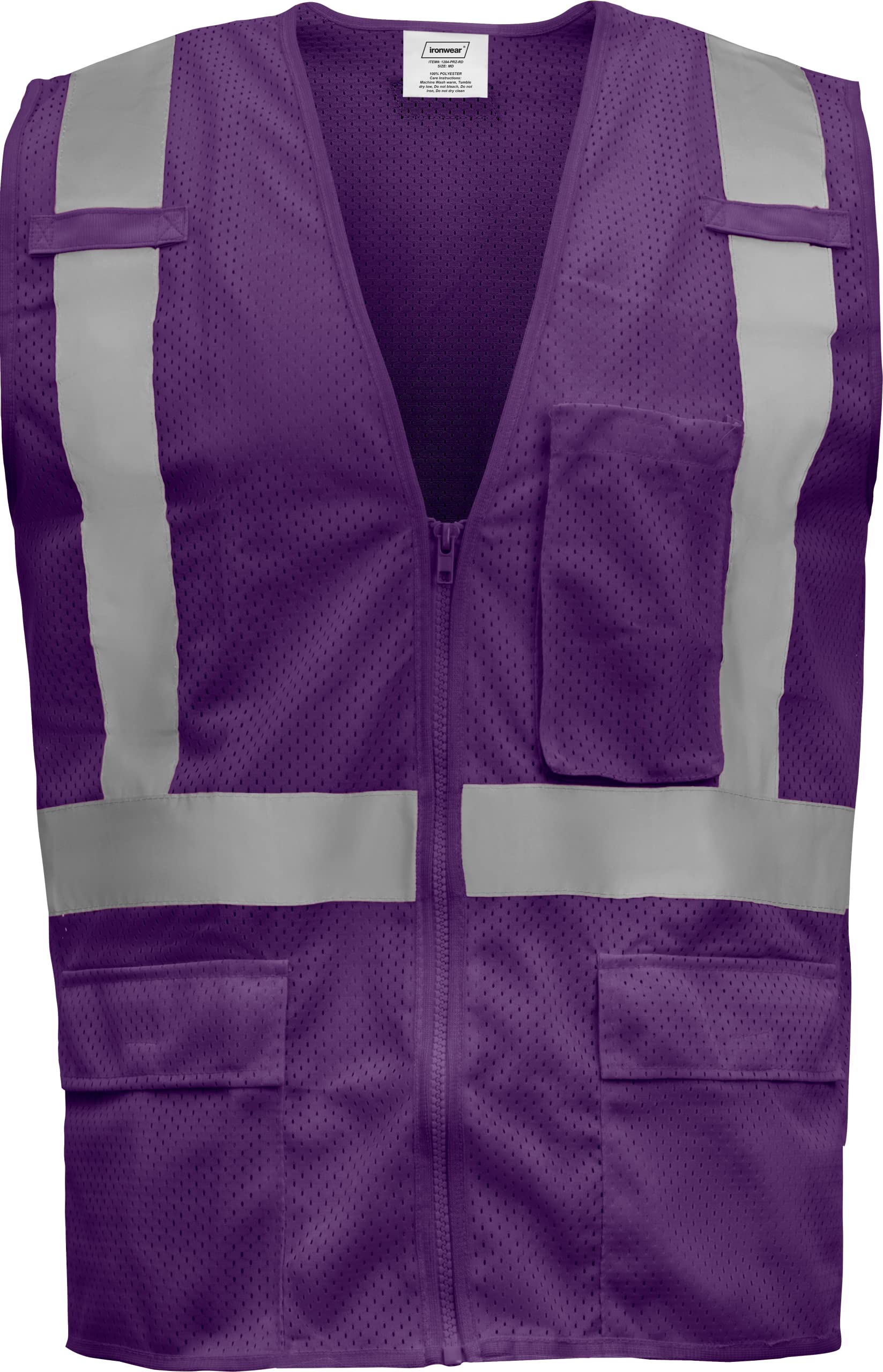 Ironwear 1284 Class 2 Polyester Safety Vest with Zipper & Radio Clips - High Visibility Reflective Work Vest for Construction, Road Workers & Emergency Responders