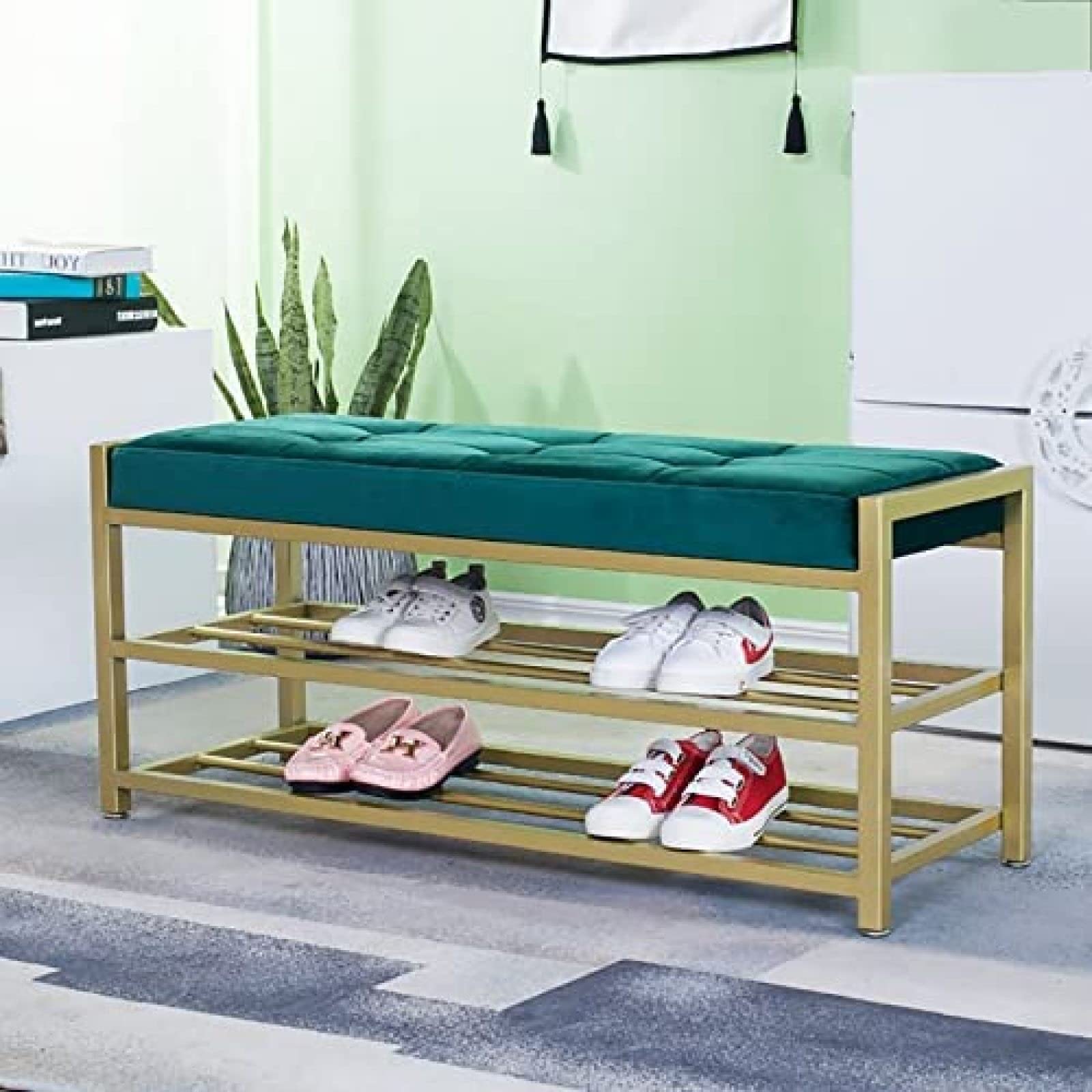 Modern Velvet Entryway Bench with Golden Shoe Shelf - 47
