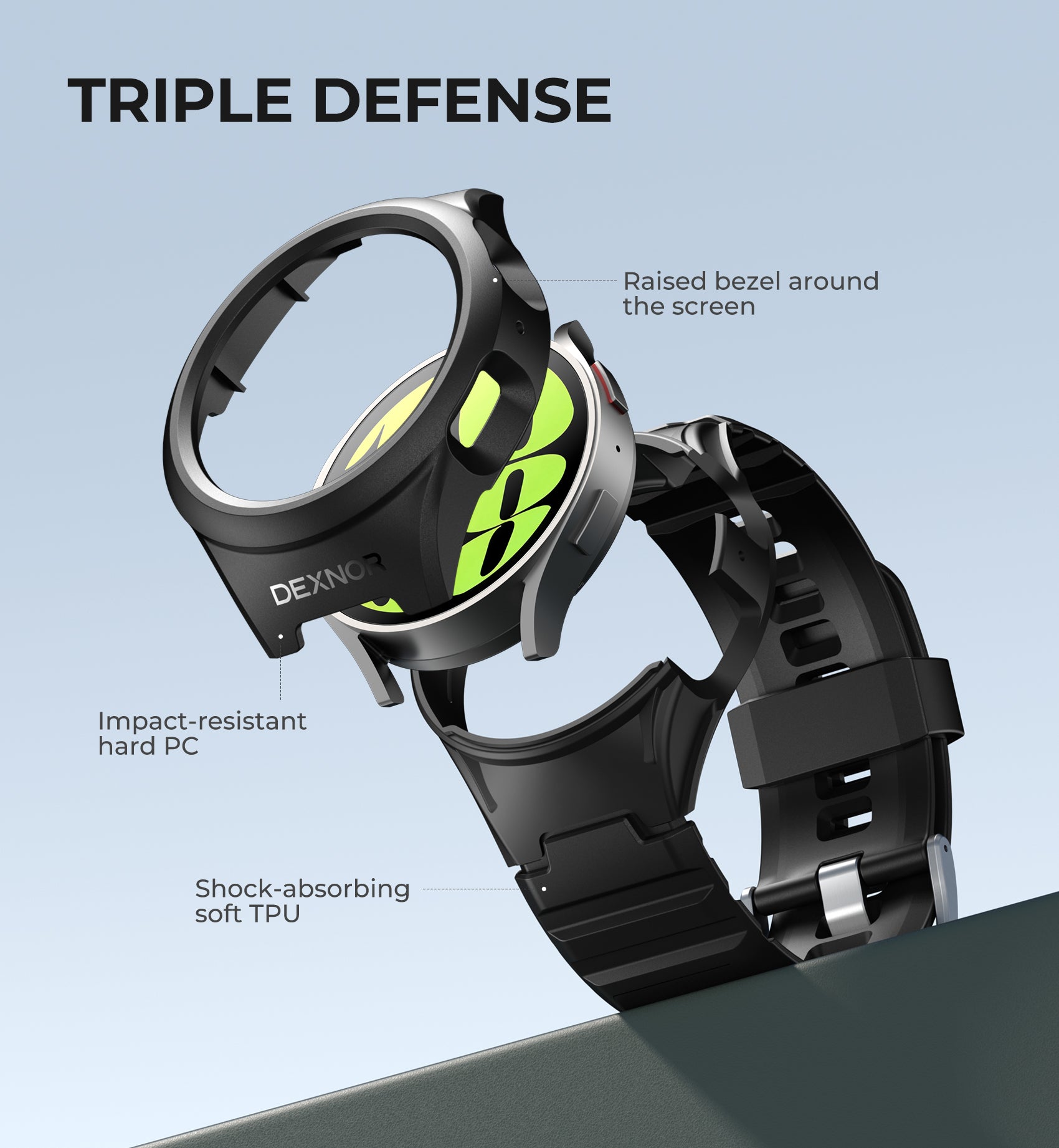 Dexnor Shockproof Full Body Bumper Case Cover for Samsung Galaxy Watch 6 (44mm) - Rugged Raised Bezel Snap-on Protection for Outdoor Sports & Active Lifestyle