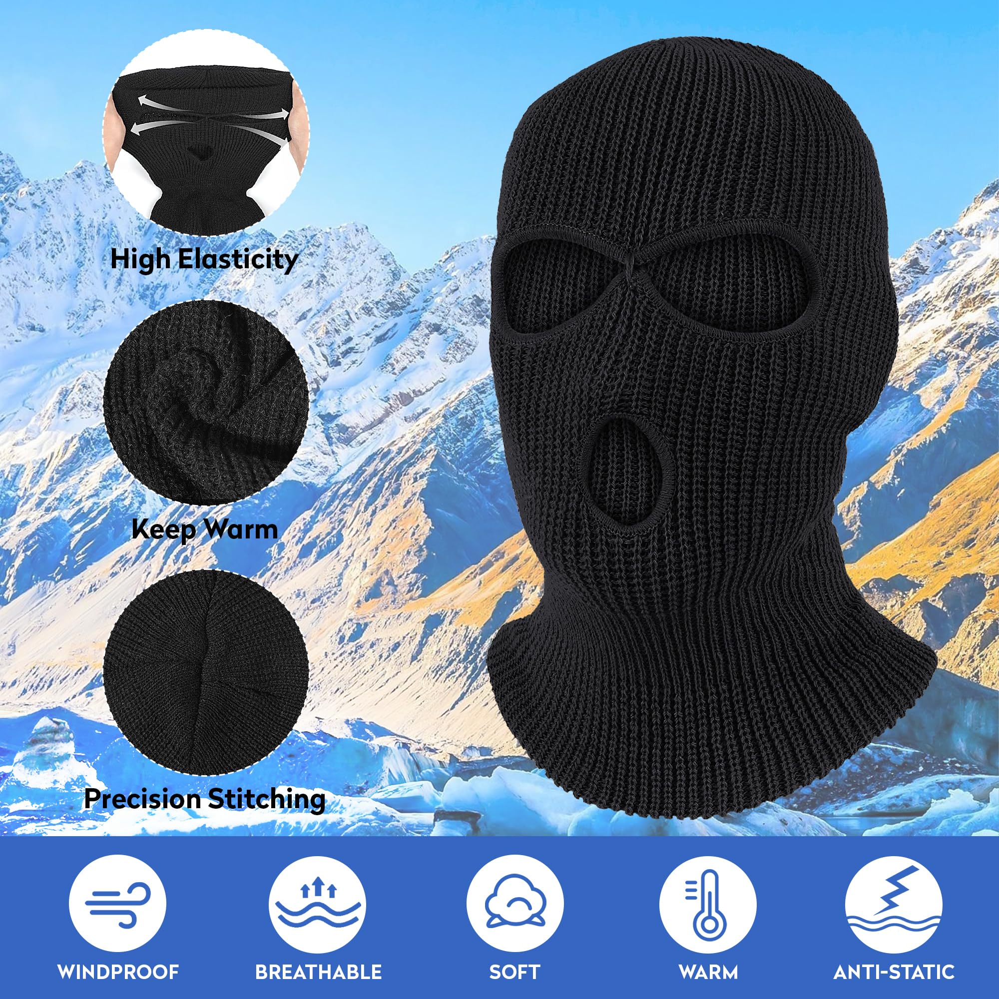 Pukavt 3 Hole Winter Knitted Mask - Warm Full Face Cover Balaclava for Skiing, Motorcycle, Snowboarding & Outdoor Activities | Cold Weather Protection for Men & Women