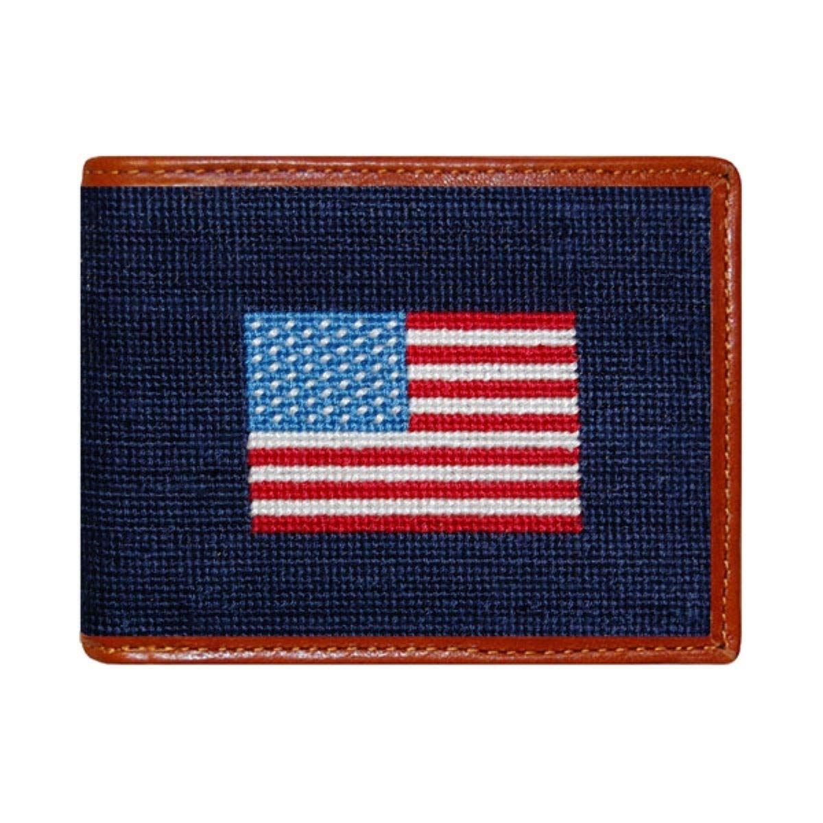 Smathers & Branson American Flag Needlepoint Bi-Fold Leather Wallet for Men - Patriotic RFID Blocking Genuine Leather Billfold - Perfect for Everyday Carry, Travel & Gifting