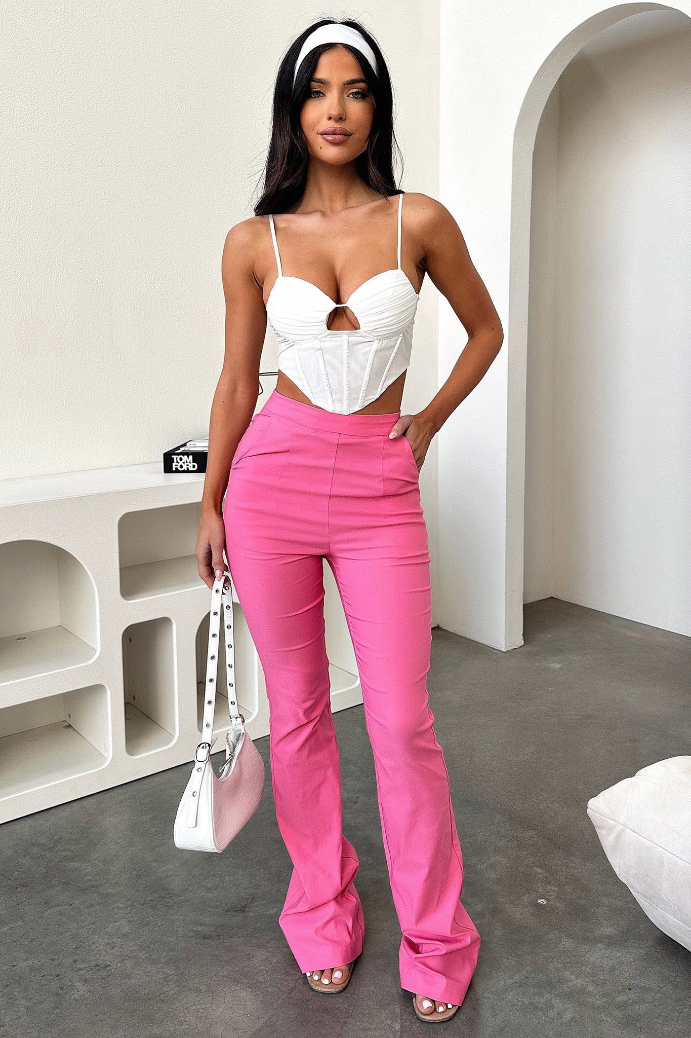 Arabell Women's High-Waisted Pink Stretch Pants - Soft Comfortable Casual Trousers for Work, Yoga & Everyday Wear