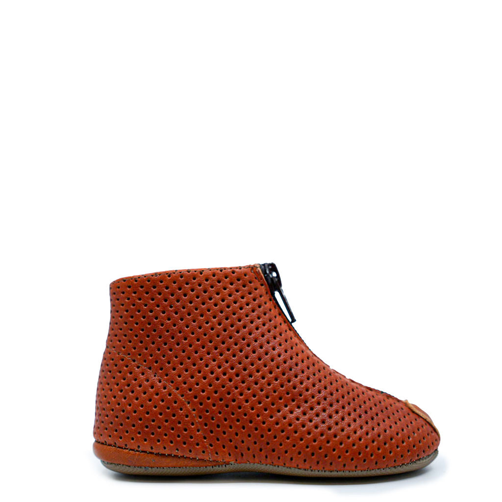 Pepe Chestnut Perforated Zipper Baby Booties - Soft Leather Breathable Infant Shoes for Boys & Girls - Perfect for Walking, First Steps & Special Occasions