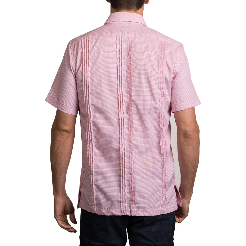 San Cristobal Red Checkered Short Sleeve Guayabera Shirt for Men - Casual Summer Wear, Beach Outings & Tropical Vacations