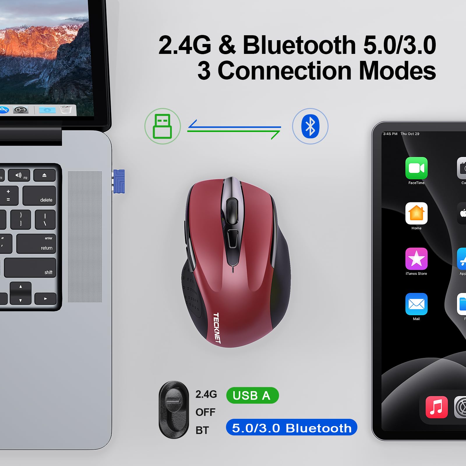 TECKNET Bluetooth Wireless Mouse - Rechargeable BT5.0/3.0 & 2.4G Dual Mode, Silent Click Computer Mouse with USB Receiver, 4800DPI Adjustable, 8-Button Ergonomic Design for PC, Mac, Laptop - Perfect for Office, Home & Travel Use