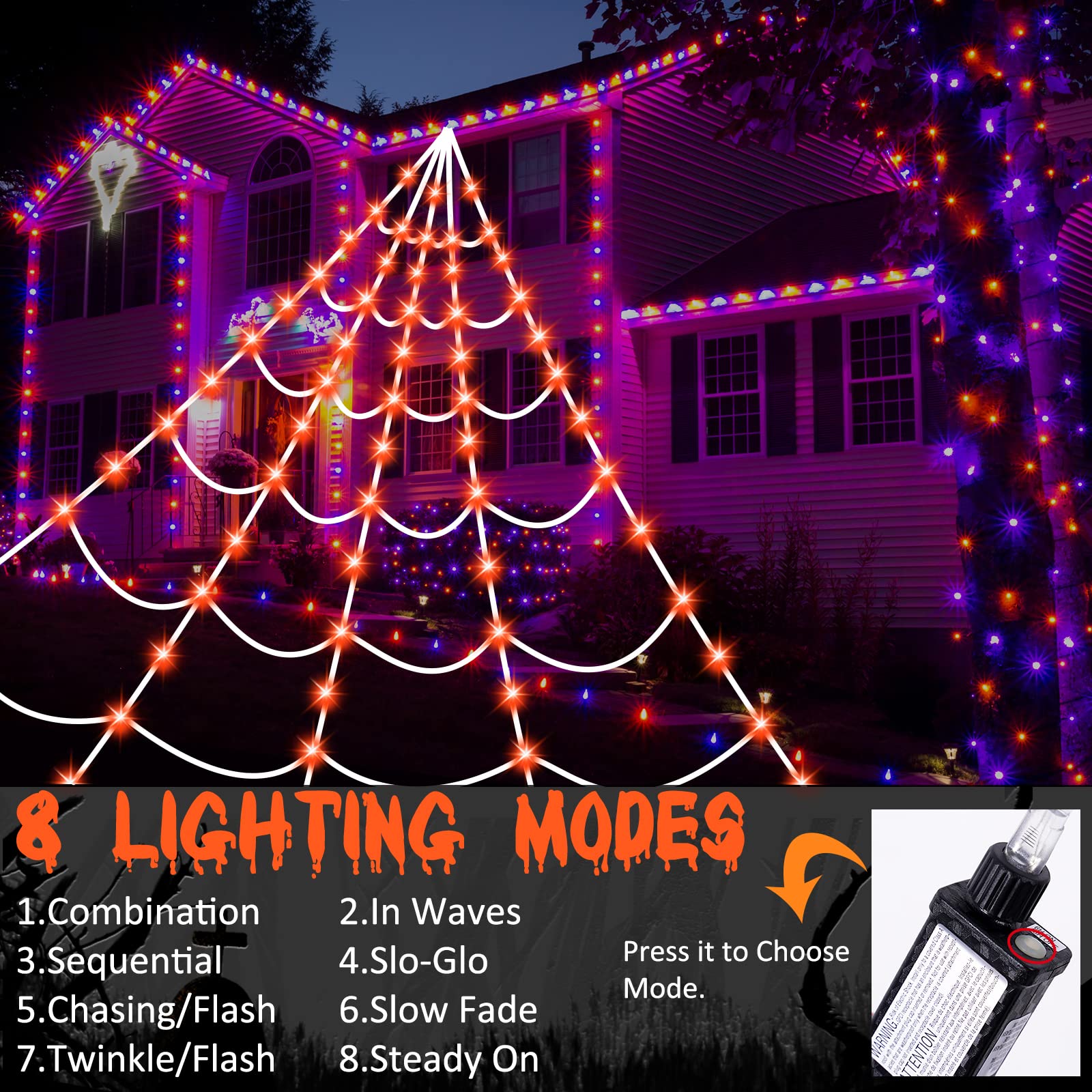 150 LED Halloween Spider Web Lights - 16.4 Ft Giant Lighted Web Decor with 8 Lighting Modes, Waterproof & Timer for Outdoor Indoor Yard, Haunted House, Party Decorations (Orange) - Perfect for Halloween, Fall Festival, and Spooky Themed Events