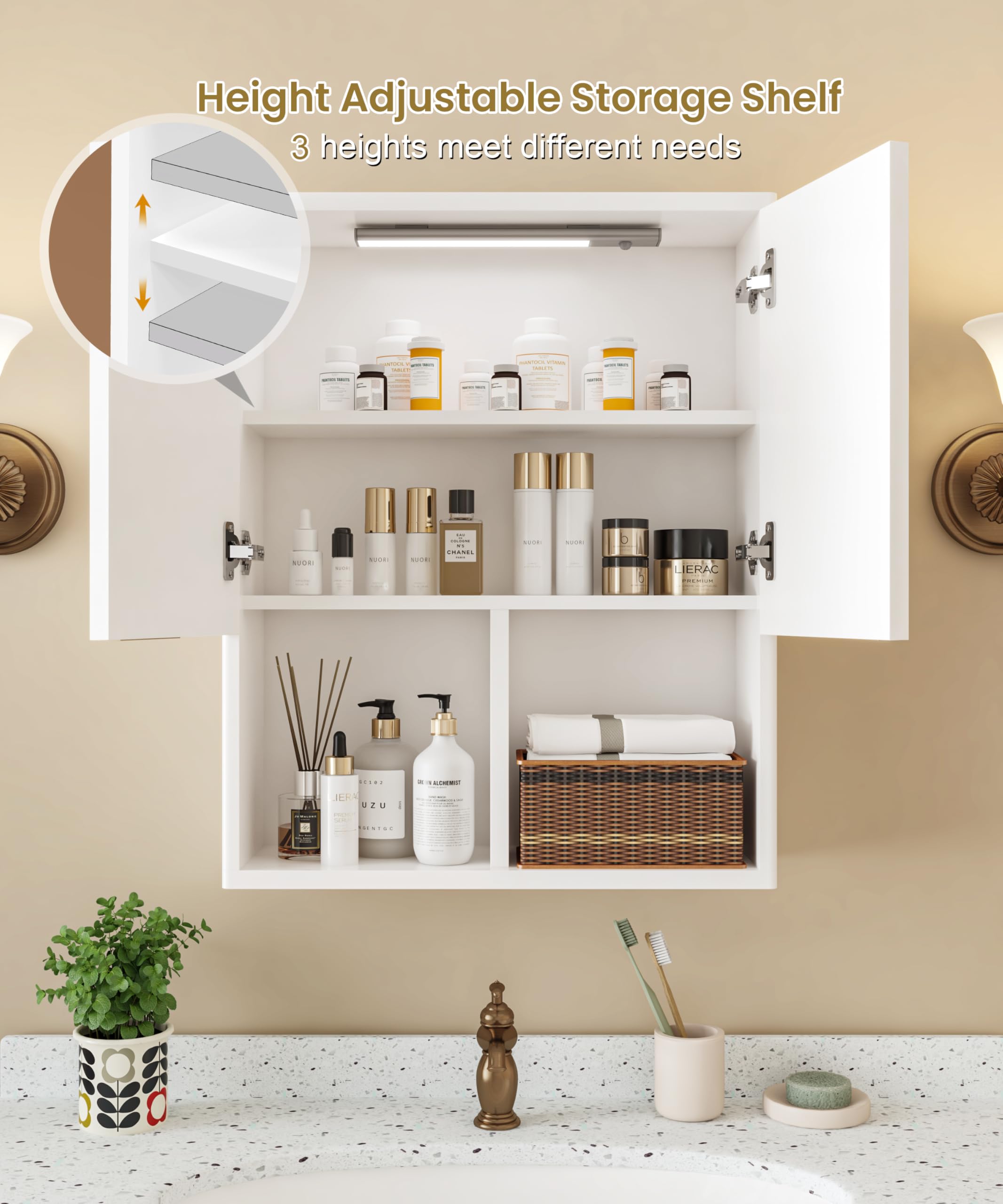 HAIOOU Modern White Fluted Bathroom Wall Cabinet with Motion Sensor Light - Wooden Medicine Storage Cabinet with Buffering Hinges, Over Toilet Organizer for Bathroom, Bedroom & Vanity Decor