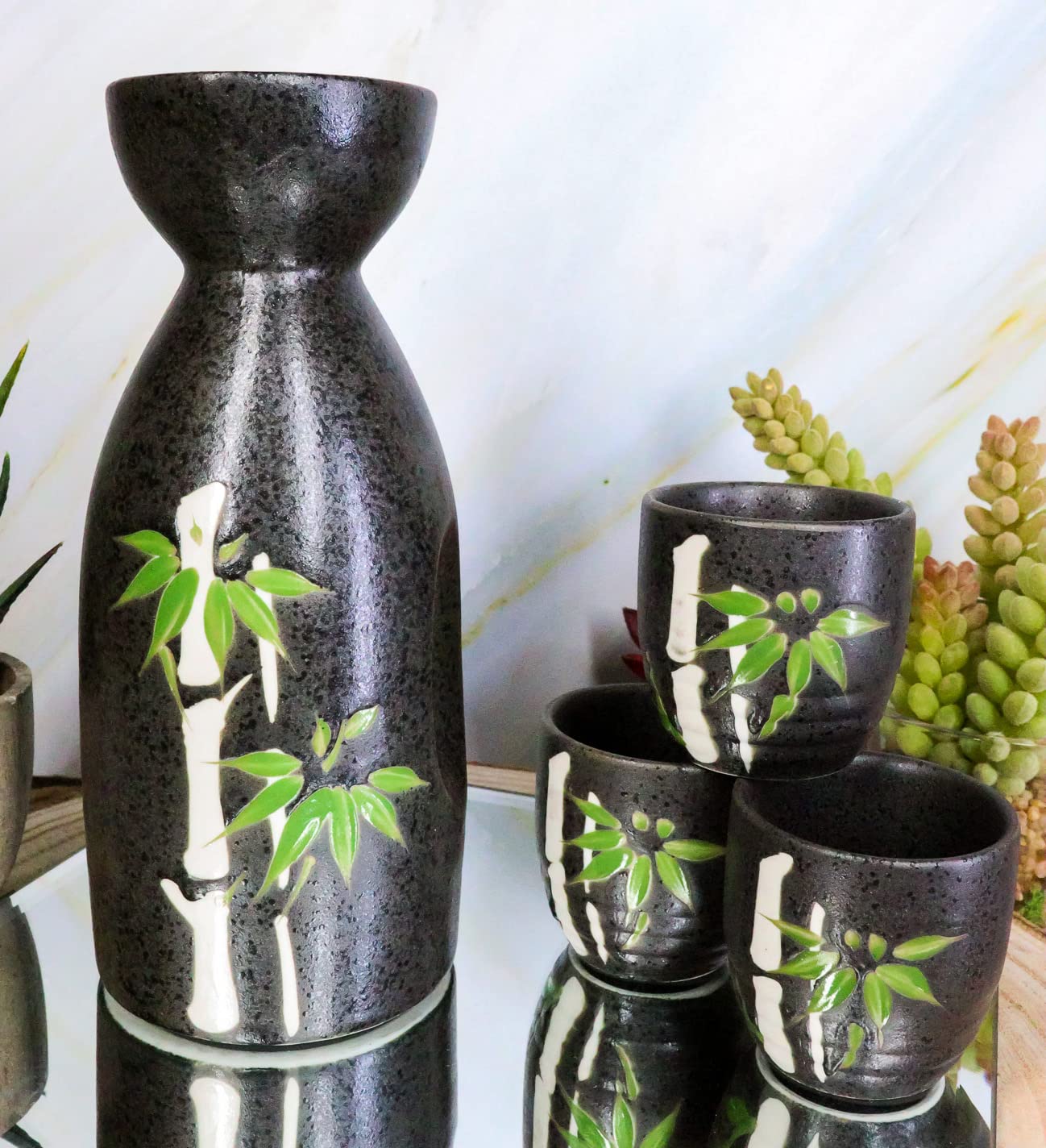 Ebros Gift Traditional Japanese Black Porcelain Sake Set - 1 Tokkuri Serving Flask (10oz) & 4 Ochoko Cups (2oz) with Lucky Bamboo Design - Perfect for Ceremonies, Gifts & Asian Dining Experiences