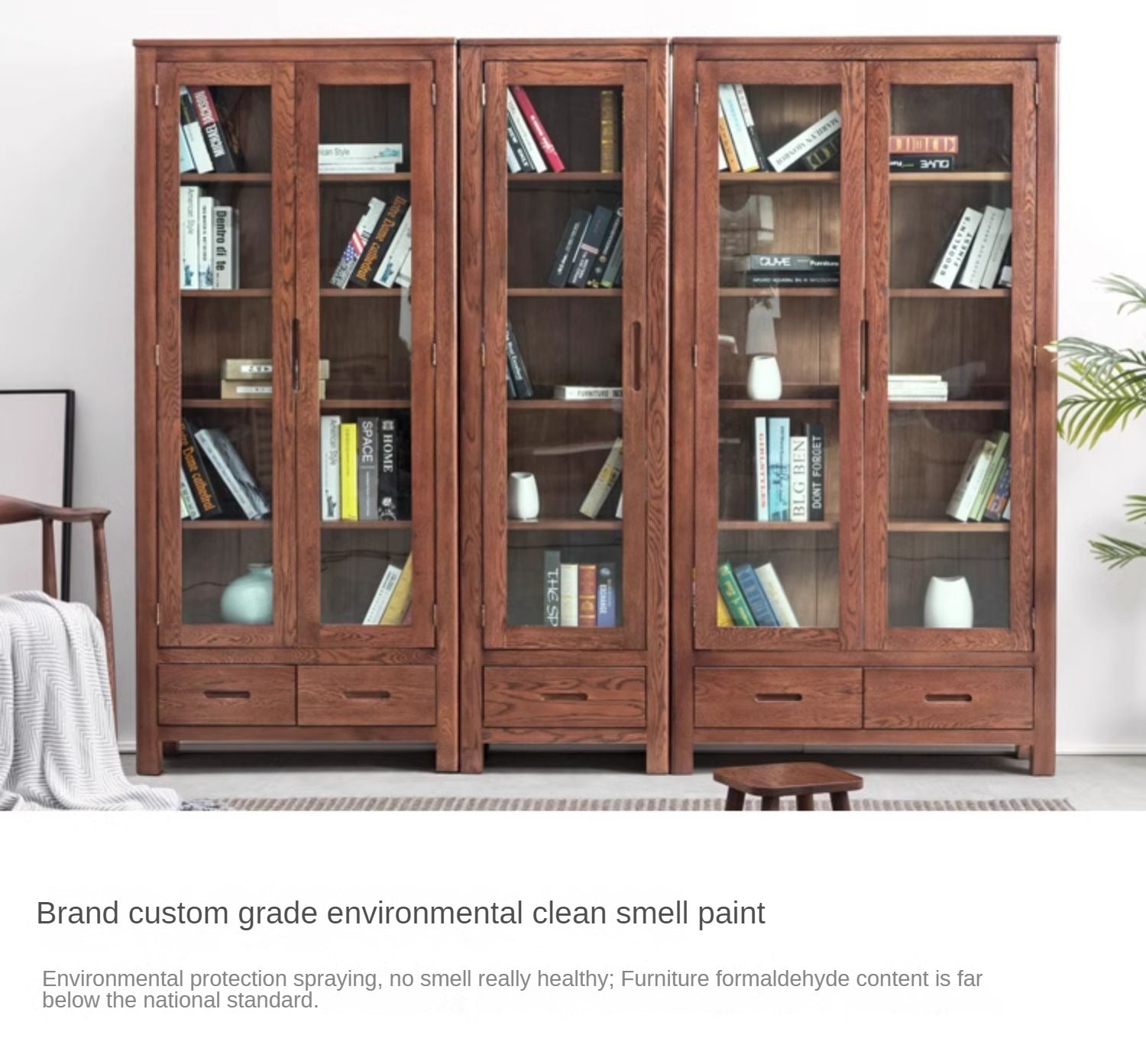 Oak Solid Wood Nordic Bookcase with Glass Door - Modern Bookshelf for Living Room, Office & Study - Perfect for Home Decor & Storage