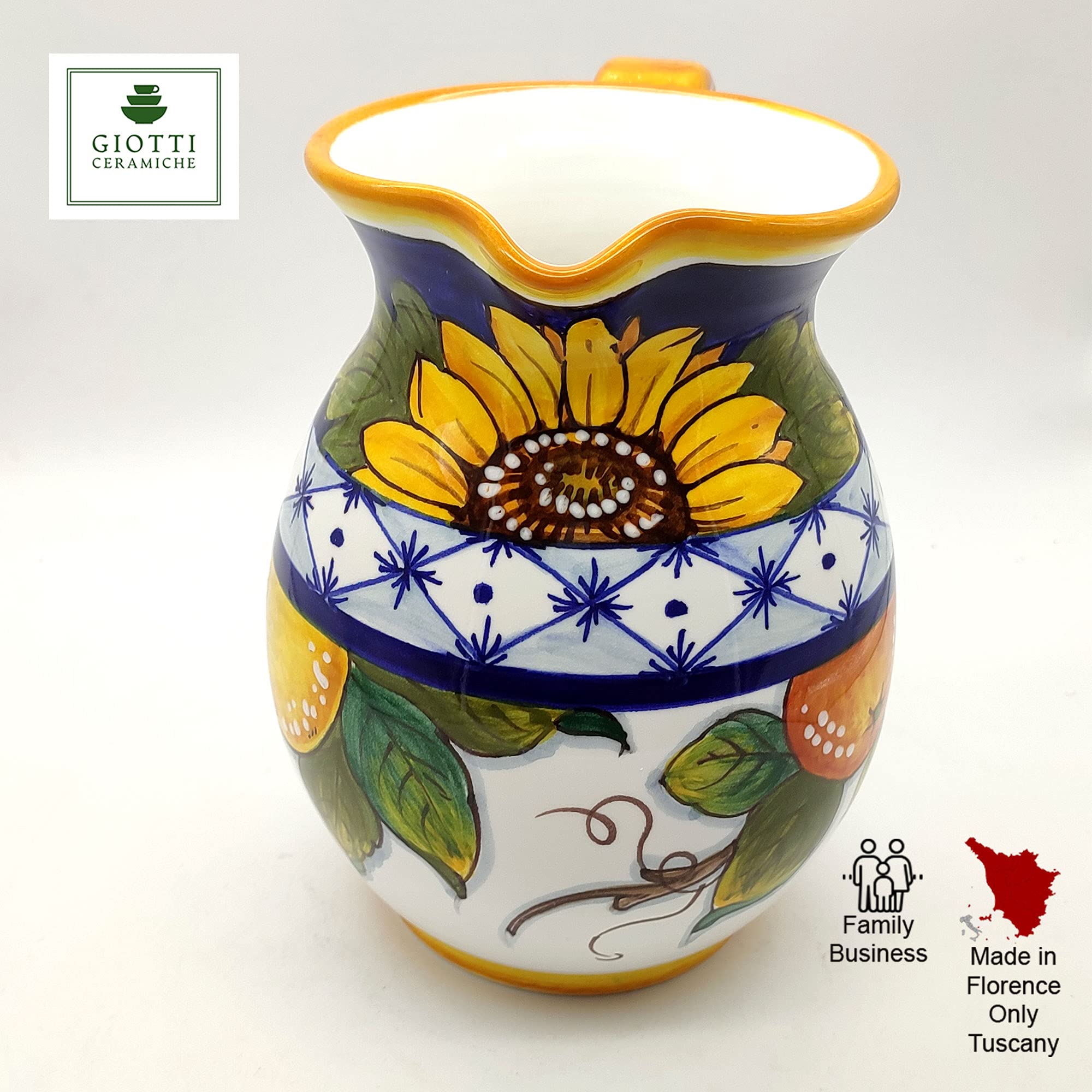 Italian Ceramic Pitcher with Sunflower Design - 33 oz Hand-Painted Kitchen Carafe & Utensil Holder - Tuscan Pottery Wine Dispenser - Home Decor Vase Made in Italy | Perfect for Farmhouse Kitchens, Wine Serving & Rustic Home Decor