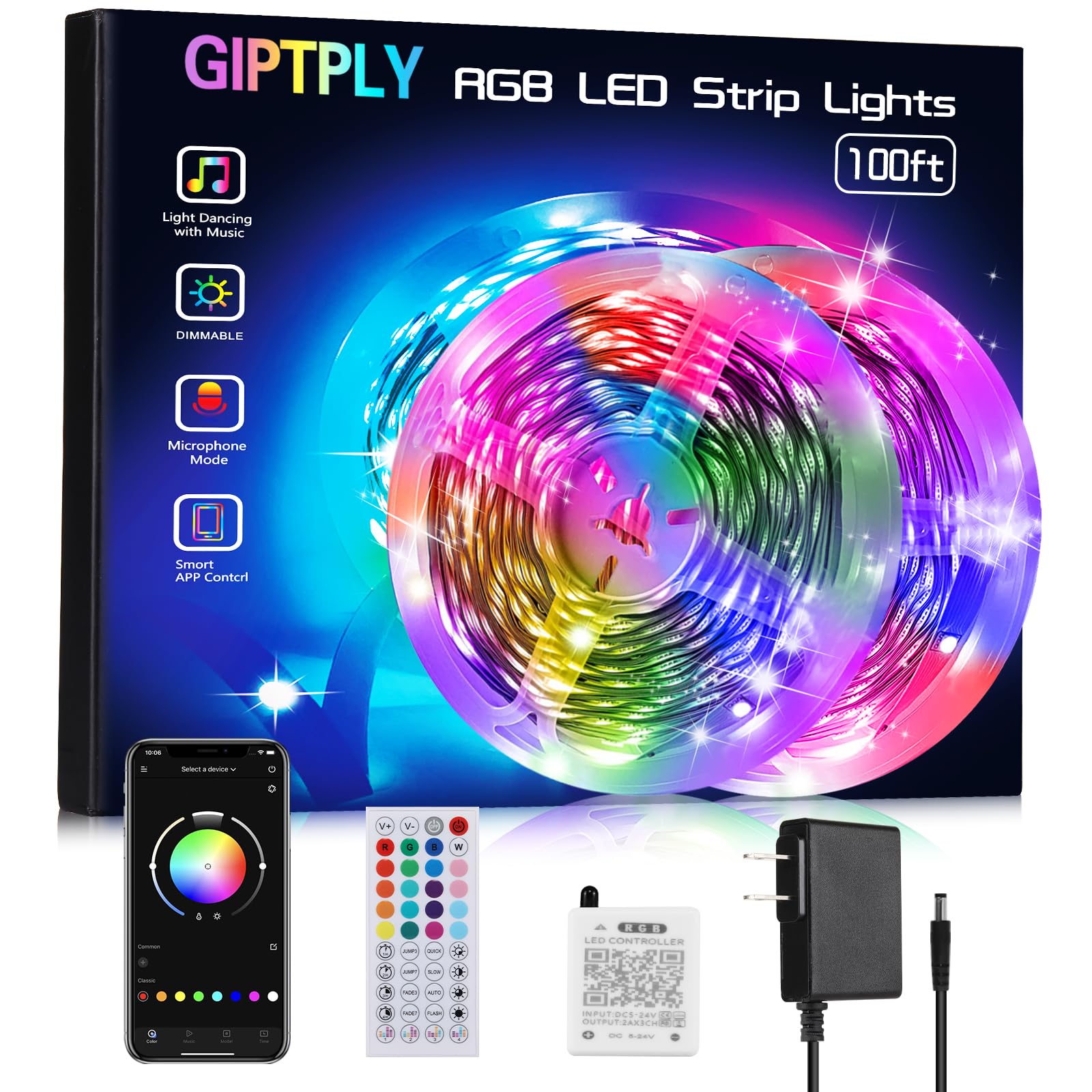 100ft LED Strip Lights for Bedroom - Smart RGB Color Changing Lights with Music Sync, App & 44-Key Remote Control - Perfect for Room Decor, Gaming Setup, and Party Lighting (50ft x 2 Pack)