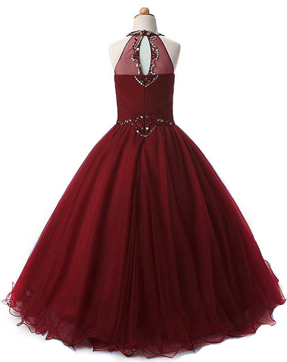 Adela Halter Sequins Flower Girls Dresses - Long Beading Pageant Ball Gown for First Communion, Baptism, Wedding & Special Occasions | Elegant Formal Gown for Girls