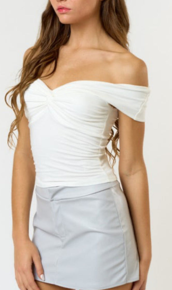 Elegant Twist Off Shoulder Blouse - Sky Blue & White Women's Fashion Top for Casual Outings & Summer Parties