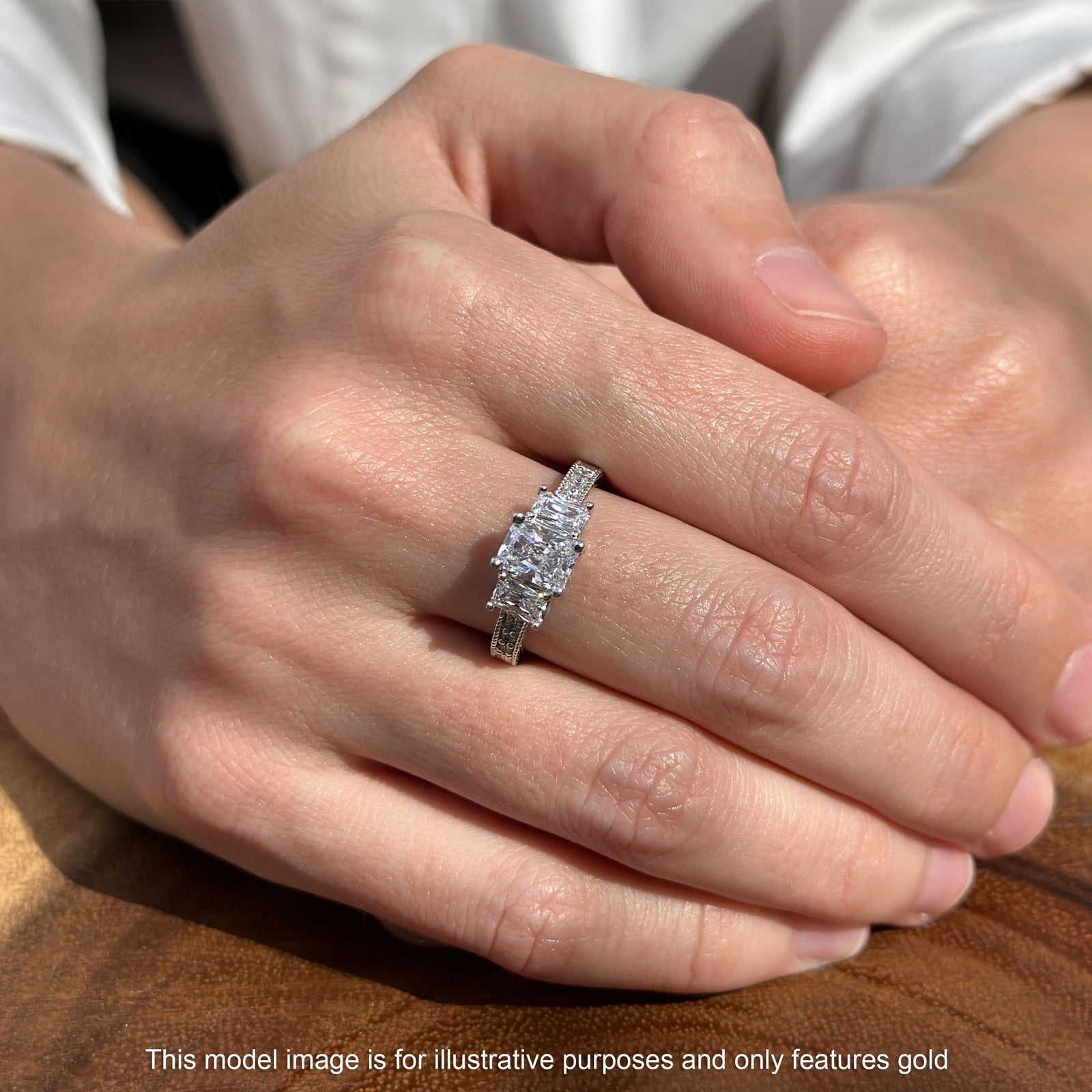 14K White Gold Three Stone Round & Emerald Cut Rainbow CZ Milgrain Ring for Women - Elegant Vintage Style Engagement, Wedding, Anniversary Jewelry Gift