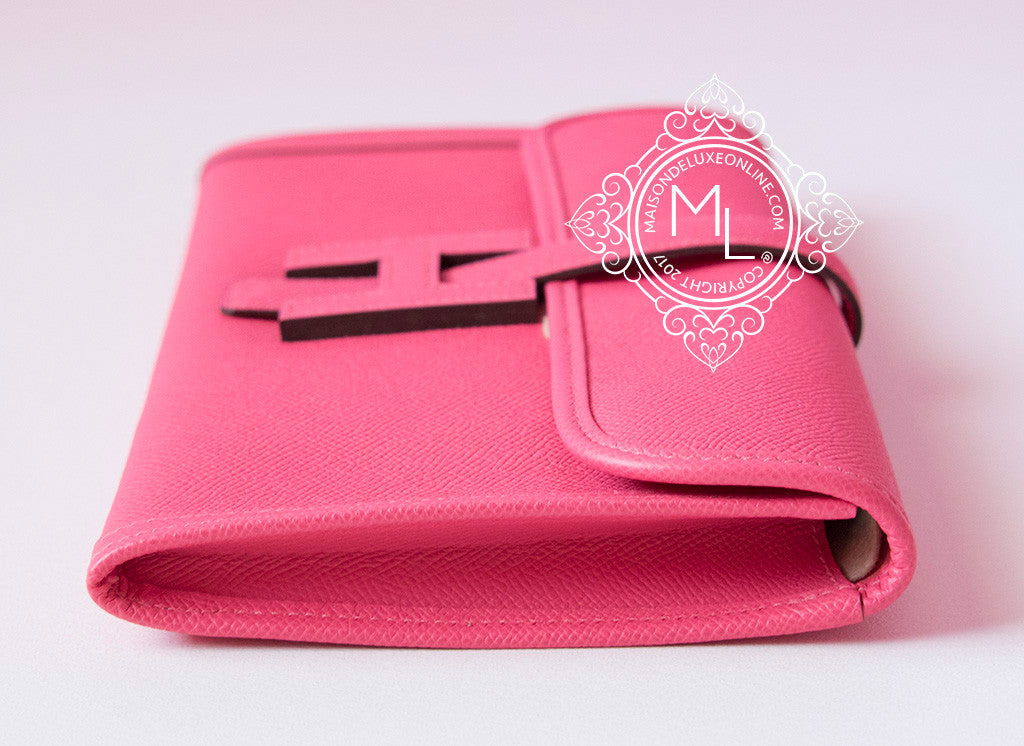 Hermes Rose Azalee Jigé Elan 29 Clutch Bag - Elegant Pink Leather Evening Clutch for Women, Perfect for Parties, Weddings & Special Occasions