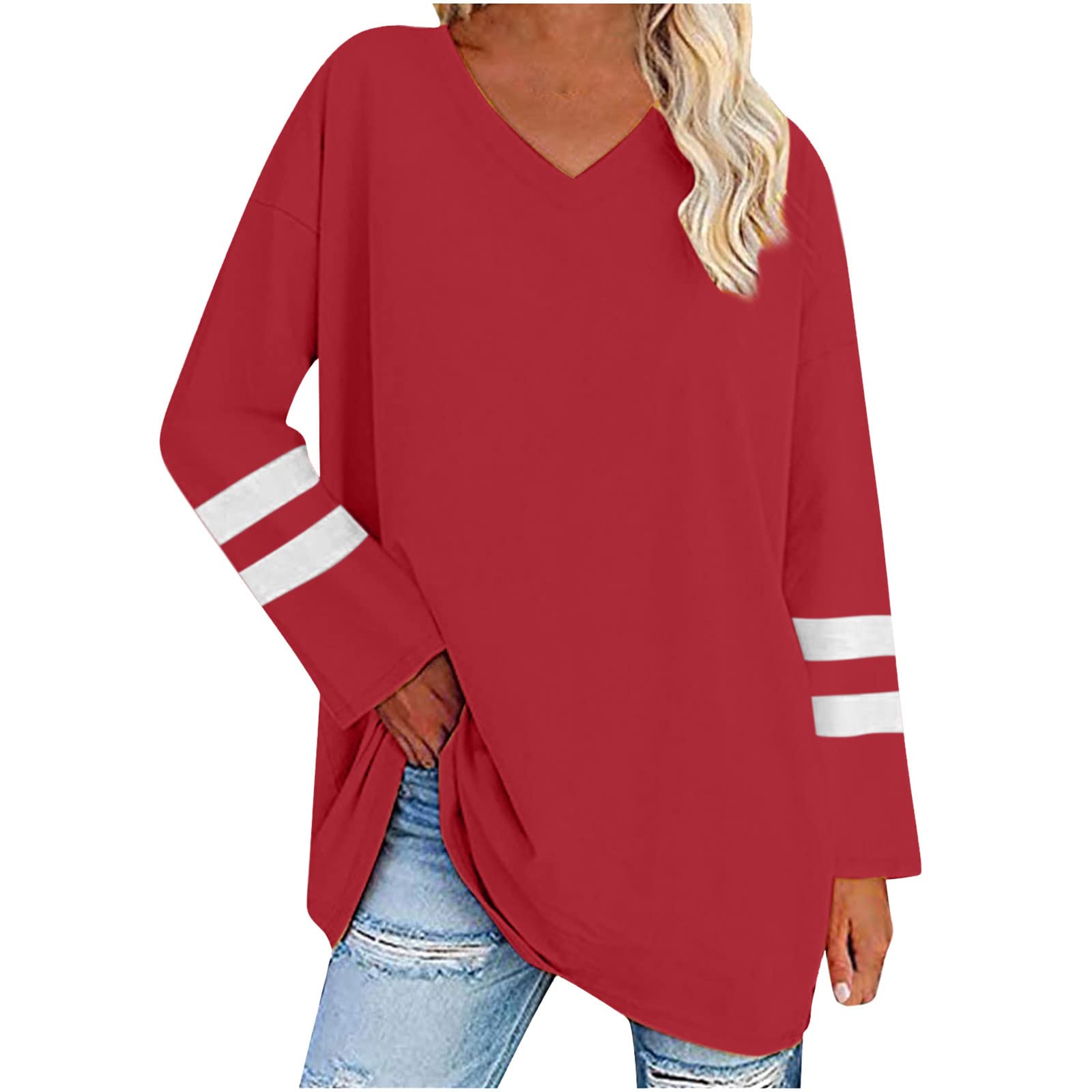 Women's Fall Long Sleeve Striped Color Block V-Neck Tunic Top - Casual Loose Fit T-Shirt Dressy Blouse for Work, Weekend & Autumn Outings