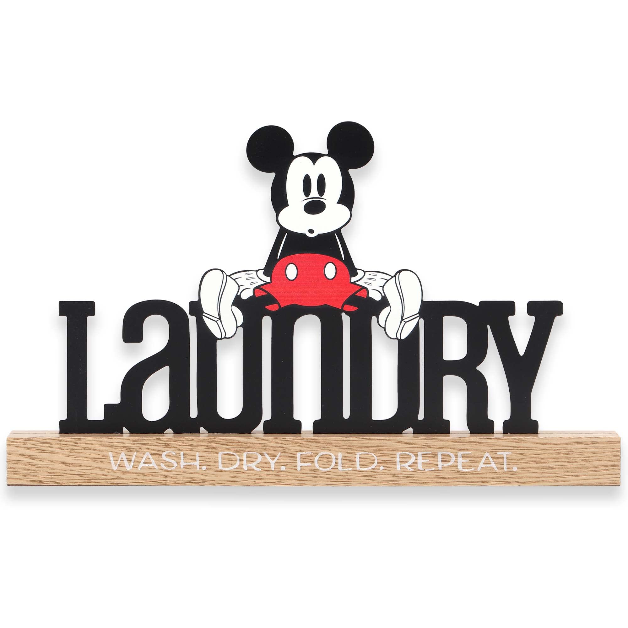 Disney Mickey Mouse Laundry Room Decor - Wash Dry Fold Repeat Metal Sign on Natural Wood Base for Home, Kitchen, Laundry Room Organization & Disney Fan Gift