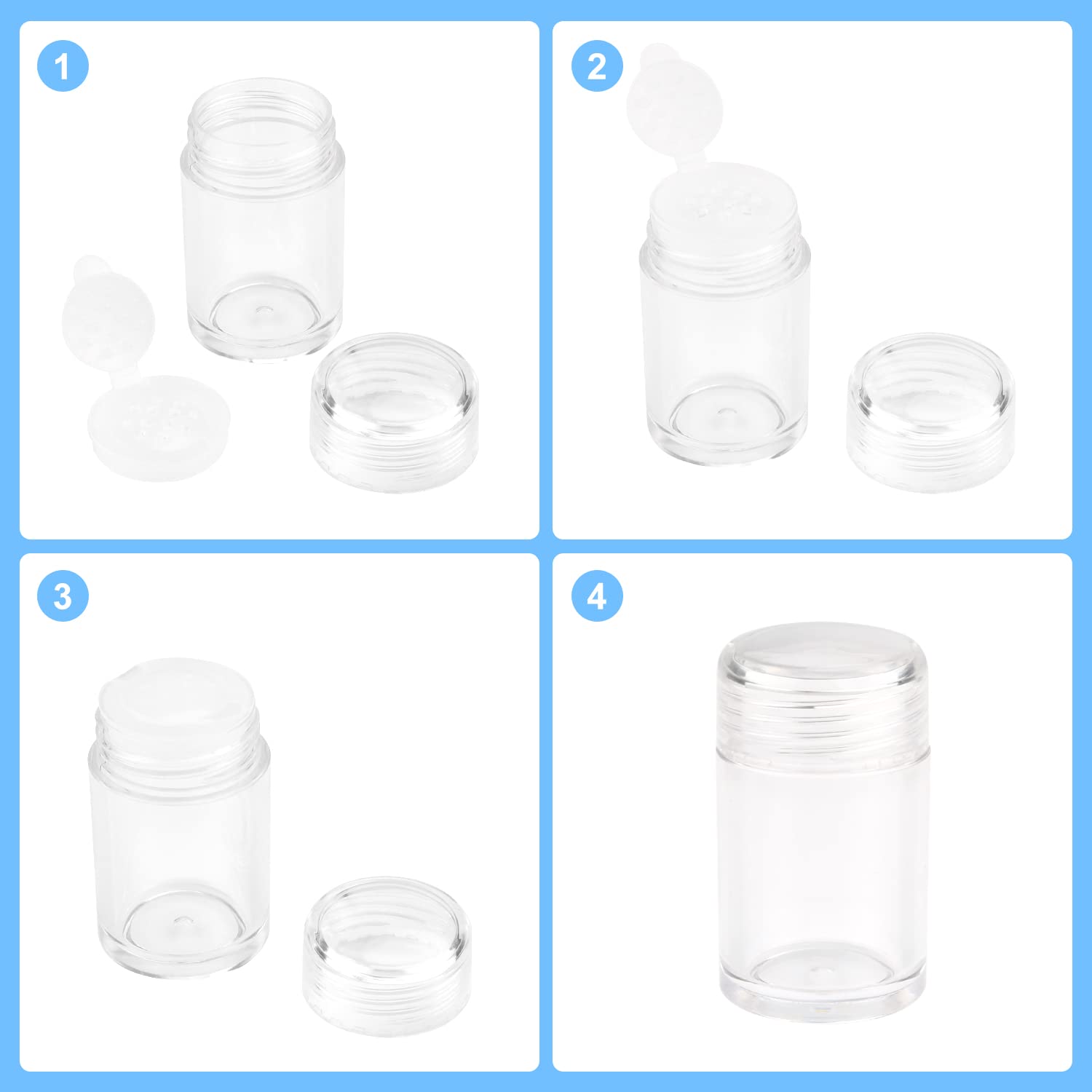 Eyeshow 6 Pack 10ml Clear Plastic Empty Loose Powder Jars with Sifter & Sample Pots - Refillable Makeup Containers for Mineral Foundation, Setting Powder & Pigments (Travel, Home & Professional Use)