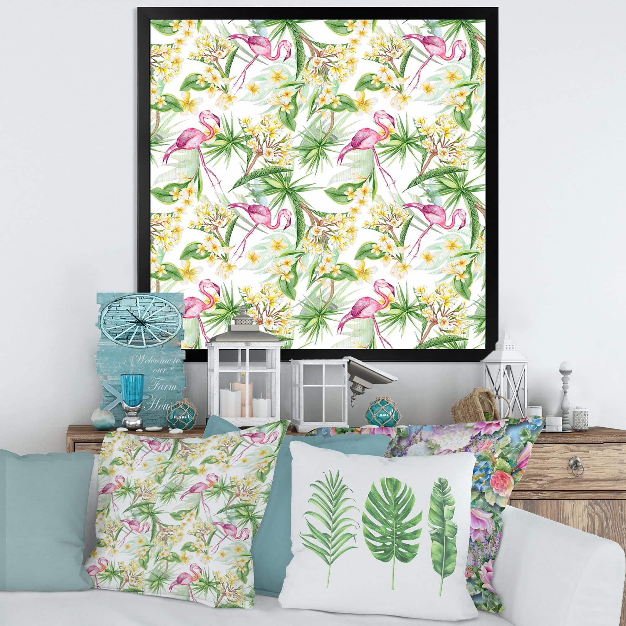 DesignQ Tropical Foliage & Yellow Flowers with Flamingo - Modern Framed Wall Art for Living Room, Bedroom & Office Decor