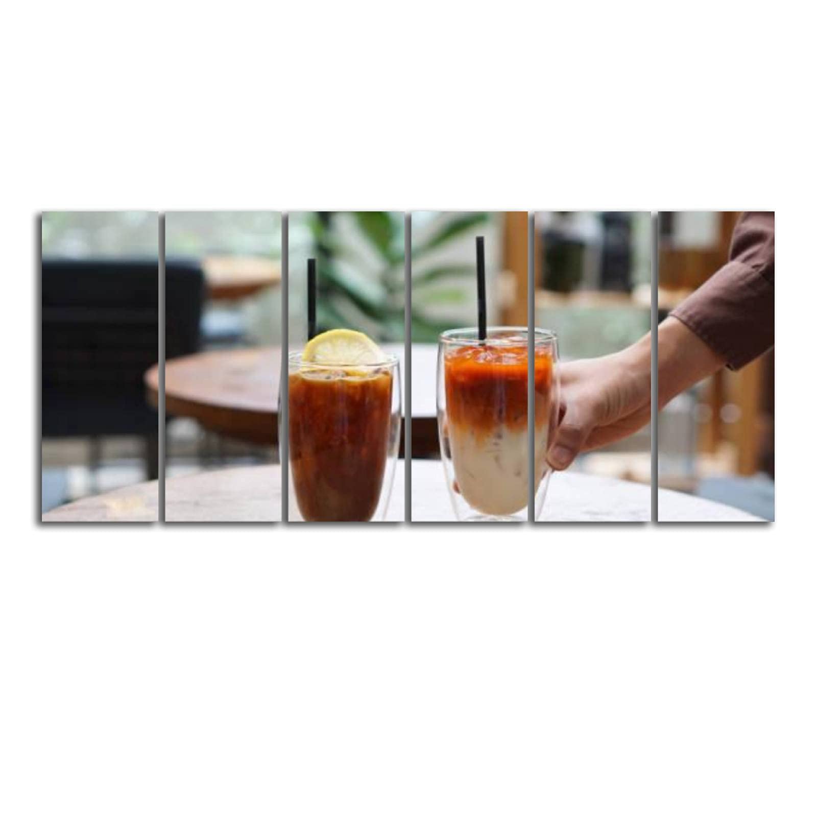 6 Panel Canvas Wall Art - Iced Milk Tea & Coffee with Orange on Table - Framed Ready to Hang Home Decor for Living Room, Bedroom, Office | Modern Kitchen & Café Style Prints
