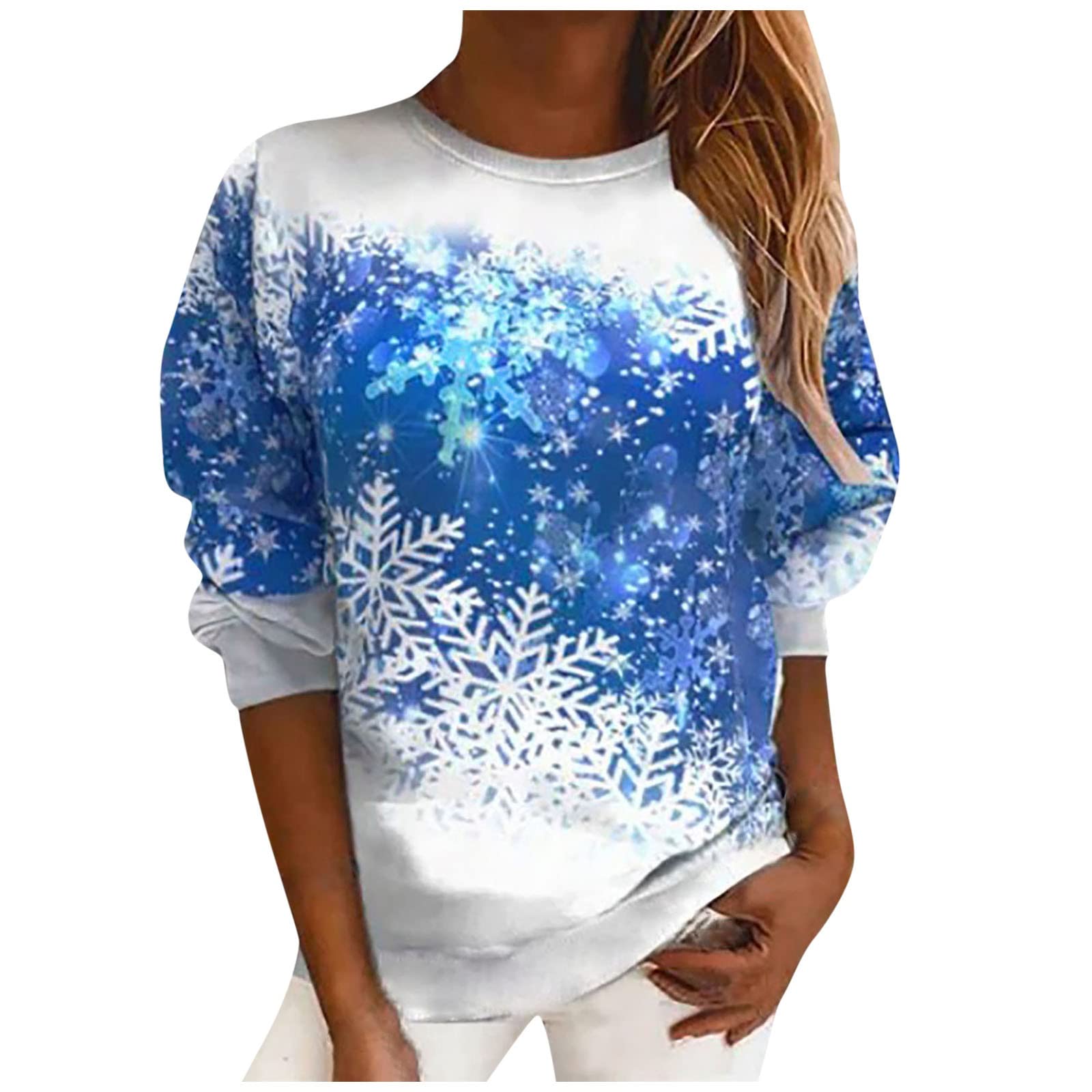 Women's Casual Printed Round Neck Long Sleeve Loose T-Shirt - Autumn Pullover Blouse & Christmas Jumper with Reindeer Santa Graphic - UK Size - Perfect for Holiday Parties & Cozy Winter Outfits