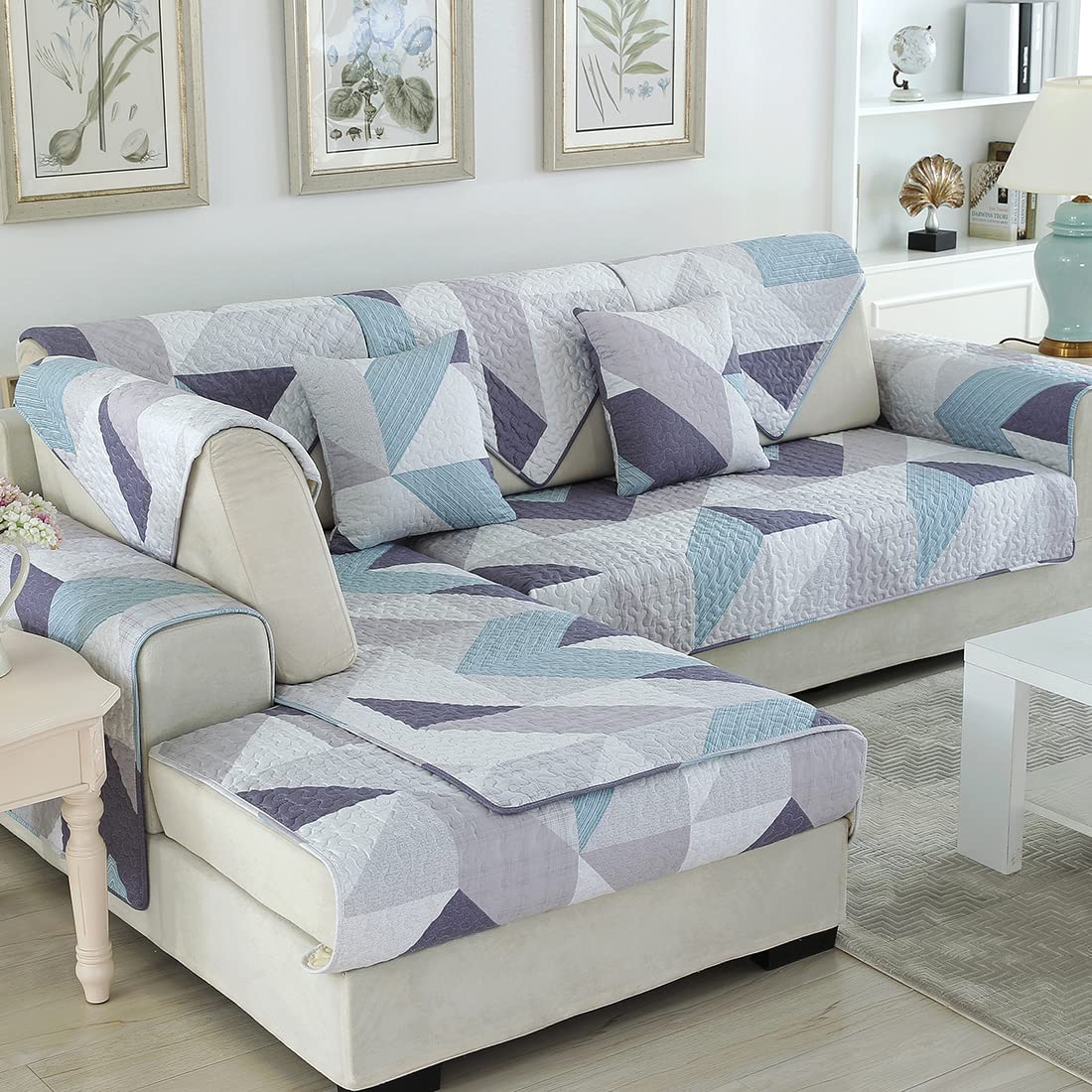 VCTOPS Quilted Cotton Sofa Cover - Non-Slip Printed Sectional Couch Protector for Pets, Soft Furniture Slipcover for Dogs & Cats - Fits L-Shaped, Recliner & Love Seats (28