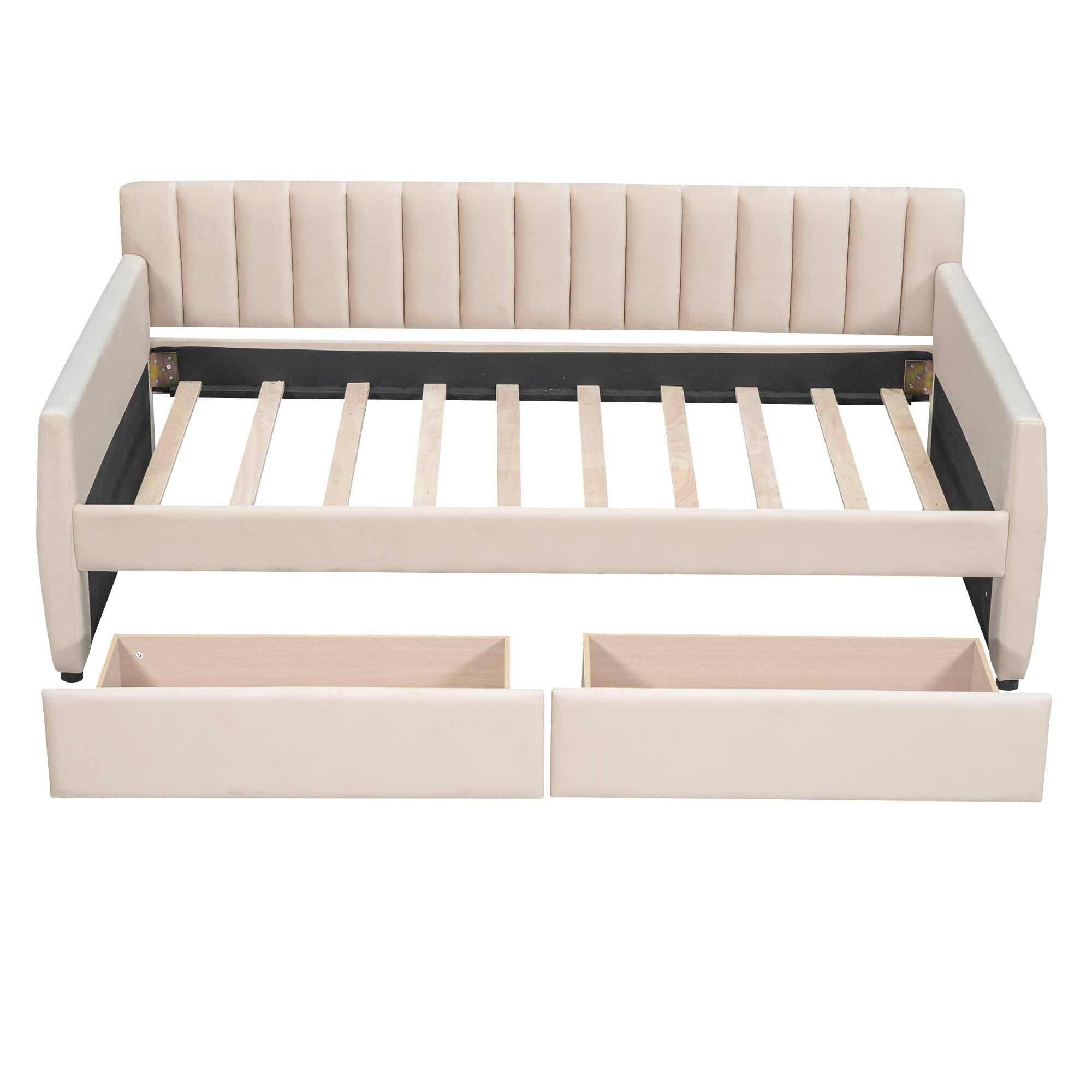 P PURLOVE Twin Size Upholstered Daybed with Storage Drawers - Velvet Sofa Bed with Wood Slat Support for Living Room, Bedroom, Guest Room - Beige Modern Convertible Sleeper for Small Spaces & Studio Apartments