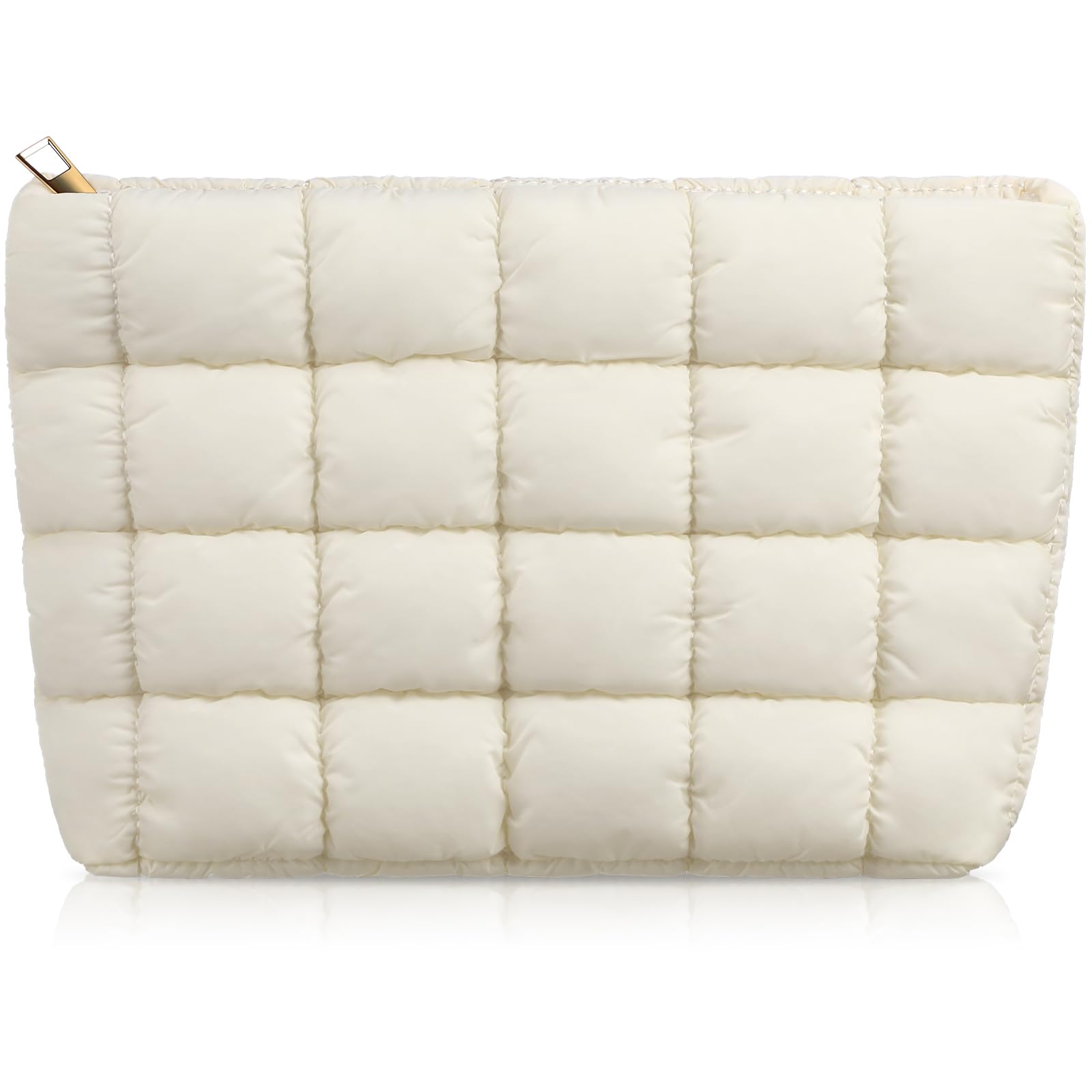 Hillban Quilted Makeup Bag - Cute Puffer Cosmetic Pouch for Travel & Toiletries (White)