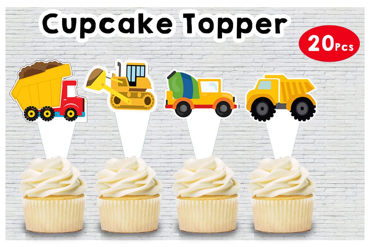 WoW Party Studio Construction Vehicles Theme Happy Birthday Decorations - 20 Pcs Cake Toppers for Kids Birthday Party, Construction Theme Celebration & Baby Shower Decor