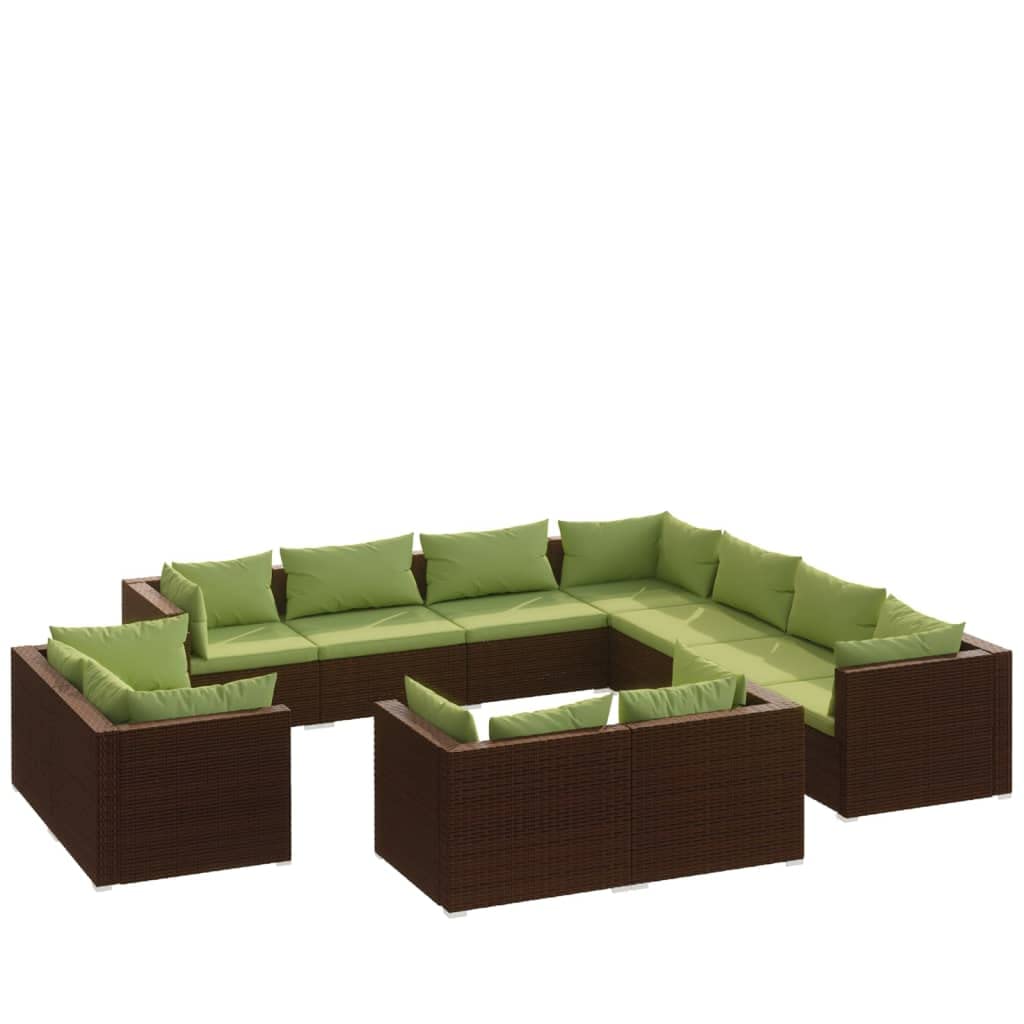 vidaXL 11-Piece Patio Lounge Set with Cushions - Outdoor Poly Rattan Furniture Set - Comfortable, Weather-Resistant, Versatile Layout - Brown and Green - Perfect for Backyard, Poolside & Garden Relaxation