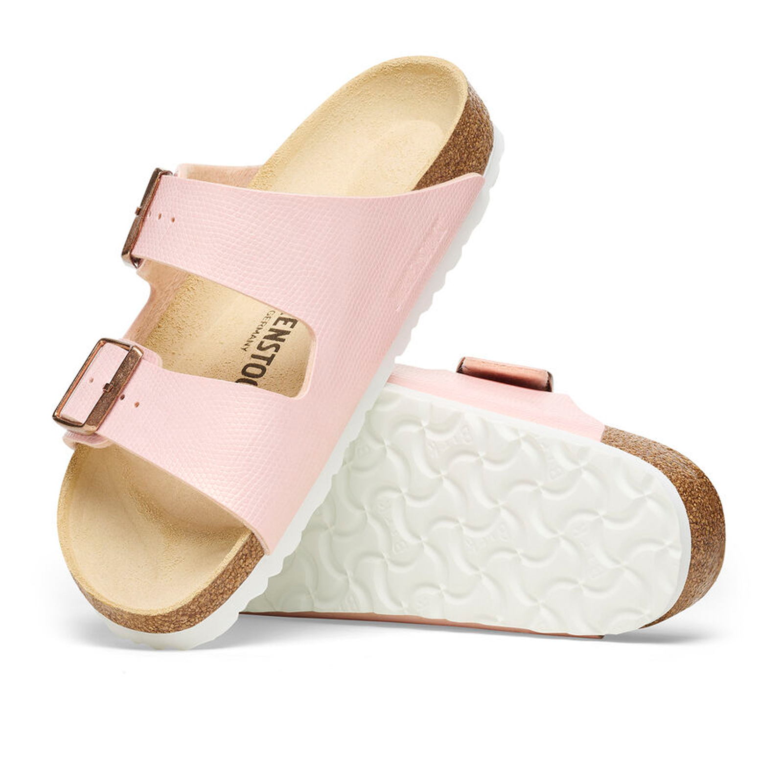 Birkenstock Arizona Narrow Slide Sandals for Women - Shiny Lizard Light Rose Embossed Birko-Flor - Comfortable Orthopedic Footbed - Perfect for Summer, Beach, and Casual Wear