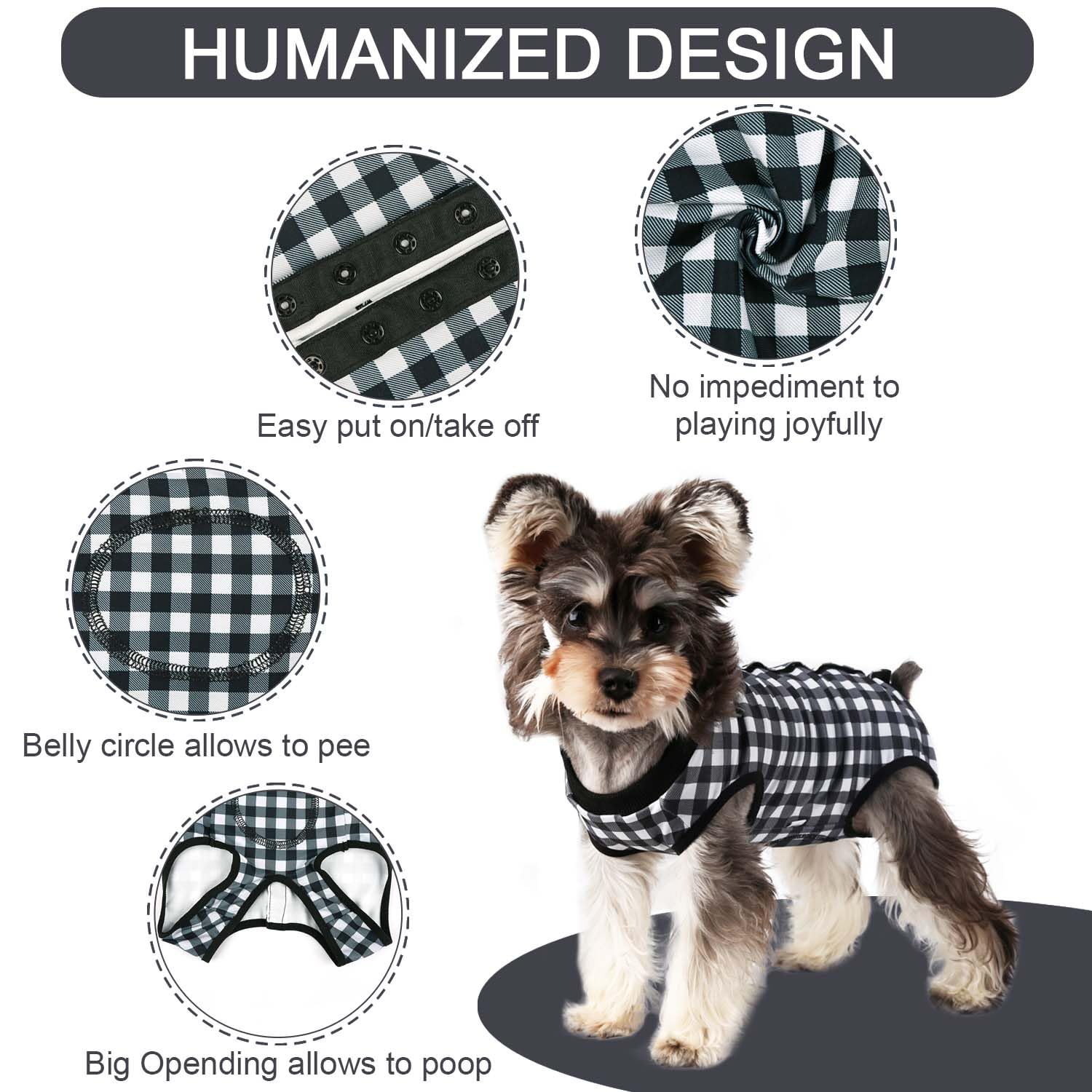 Dog Surgery Recovery Suit for Spay/Neuter - Adjustable Post-Op Onesie for Small, Medium & Large Dogs (Black Plaid) - Comfortable Alternative to Cone After Surgery for Female & Male Pets