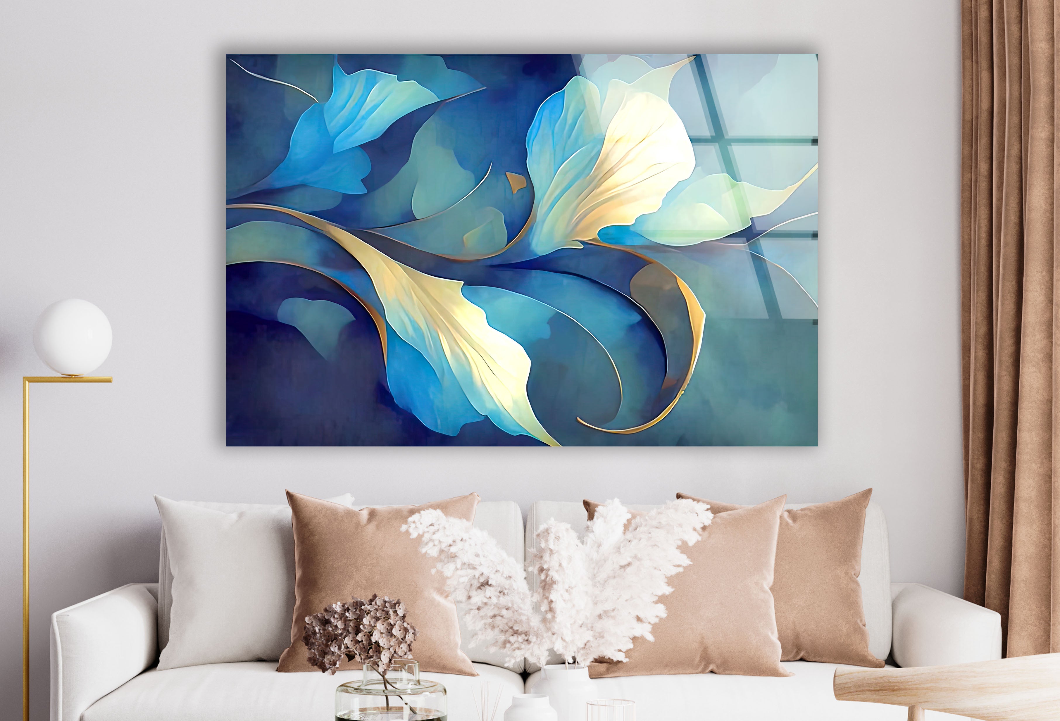 Blue Bloom Wall Art - Elegant Floral Glass Print for Living Room, Bedroom & Office Decor | Modern Home Interior Design