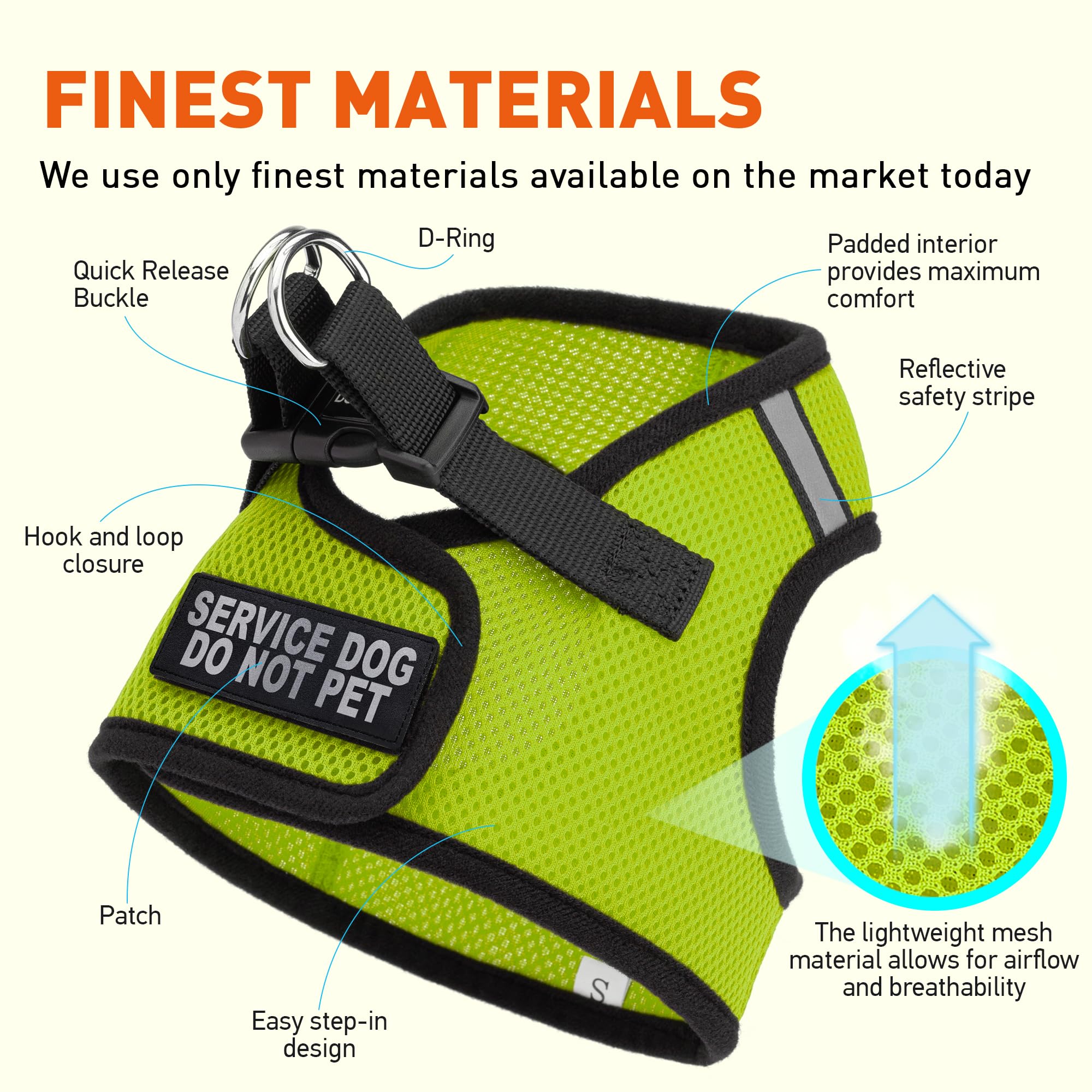 Boston Step-in Mesh Dog Harness with 'Service Dog Do Not Pet' Patch - No-Choke Soft Padded Vest for Small, Medium & Large Dogs (12-14