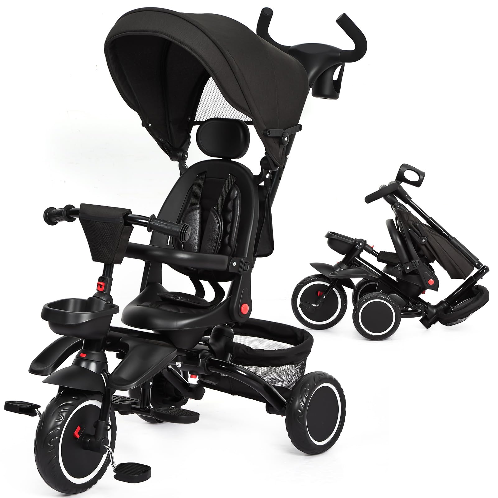 **GAOMON 7-in-1 Foldable Baby Tricycle for Toddlers 1-5 Years – Adjustable Push Handle, Canopy, Rotatable Seat, Safety Harness, Cup Holder & Storage – Perfect for Indoor/Outdoor Play, Park Rides & Learning Balance**