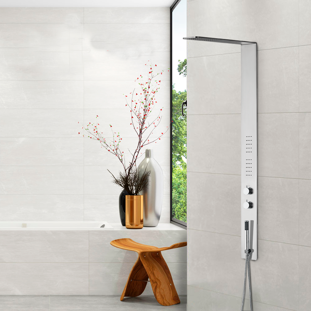 DAX Brushed Stainless Steel Shower Panel with Pressure Balance Valve - Modern Bathroom Fixture for Spa-Like Shower Experience (Model DAX 034 2) | Perfect for Home Renovation & Luxury Bathroom Upgrade