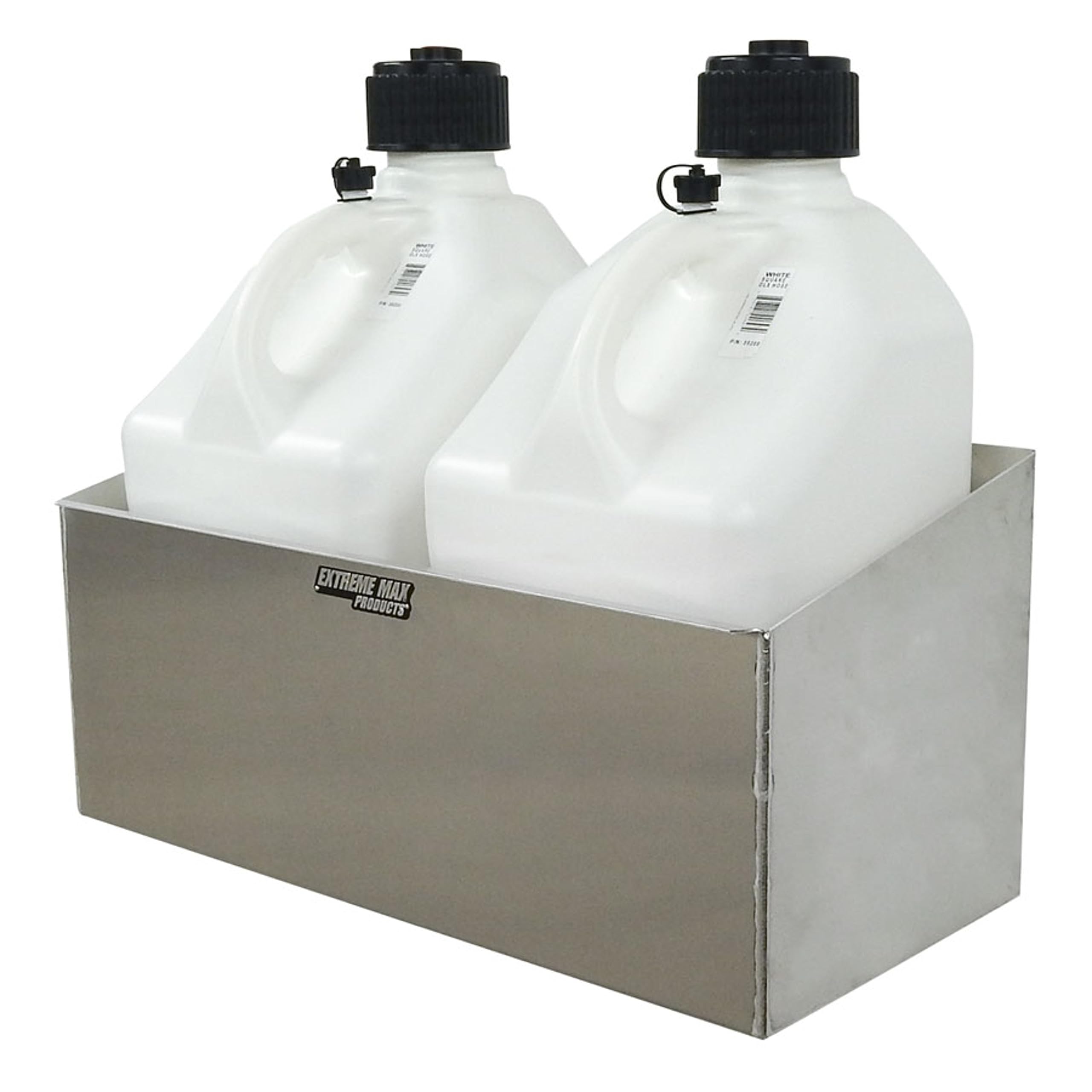 Extreme Max 5001.6044 Aluminum Dual Fuel Jug Holder - Heavy Duty 2 x 5 Gallon Container Organizer for Gas & Diesel - Perfect for Race Trailers, Workshops, Garages & Storage Areas - Durable Silver Finish