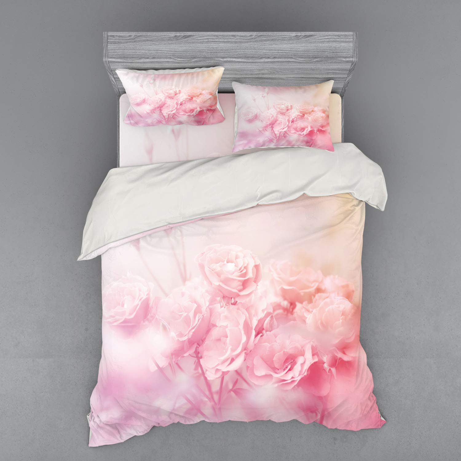Ambesonne Rose Floral Bedding Set - 4 Piece Queen Duvet Cover with Shams & Fitted Sheet, Pale Pink Spring Garden Theme for Women - Perfect for Master Bedroom, Guest Room & Boho Chic Decor