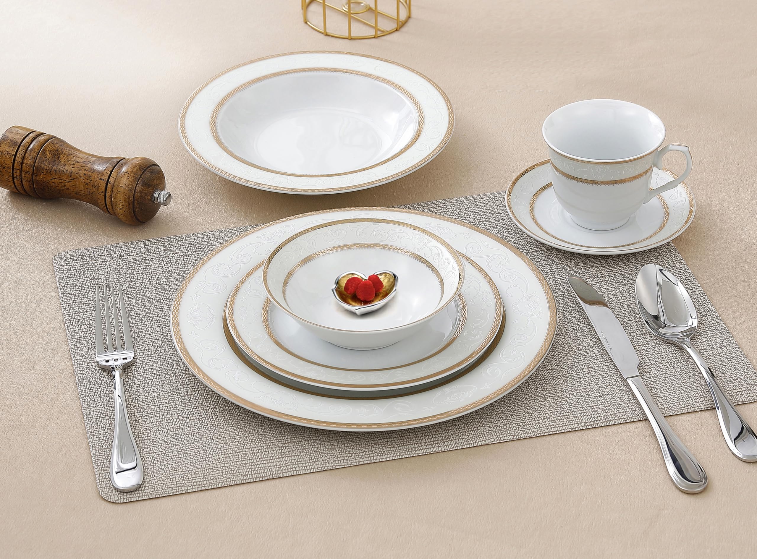 Lorenzo Amelia 57-Piece Dinnerware Set - Service for 8 - Porcelain Dish Set for Formal Dining, Entertaining & Everyday Use - Elegant Tableware for Restaurants, Weddings & Family Gatherings