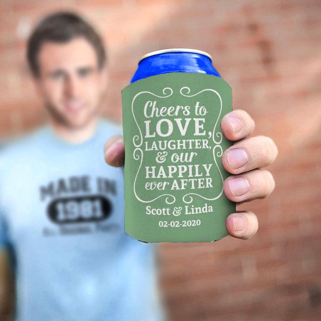 Cheers To Love Custom Names & Date 48-Pack Personalized Can Coolers - Sage Green Drink Sleeves for Beer, Soda & Cocktails - Perfect for Weddings, Parties & Outdoor Events