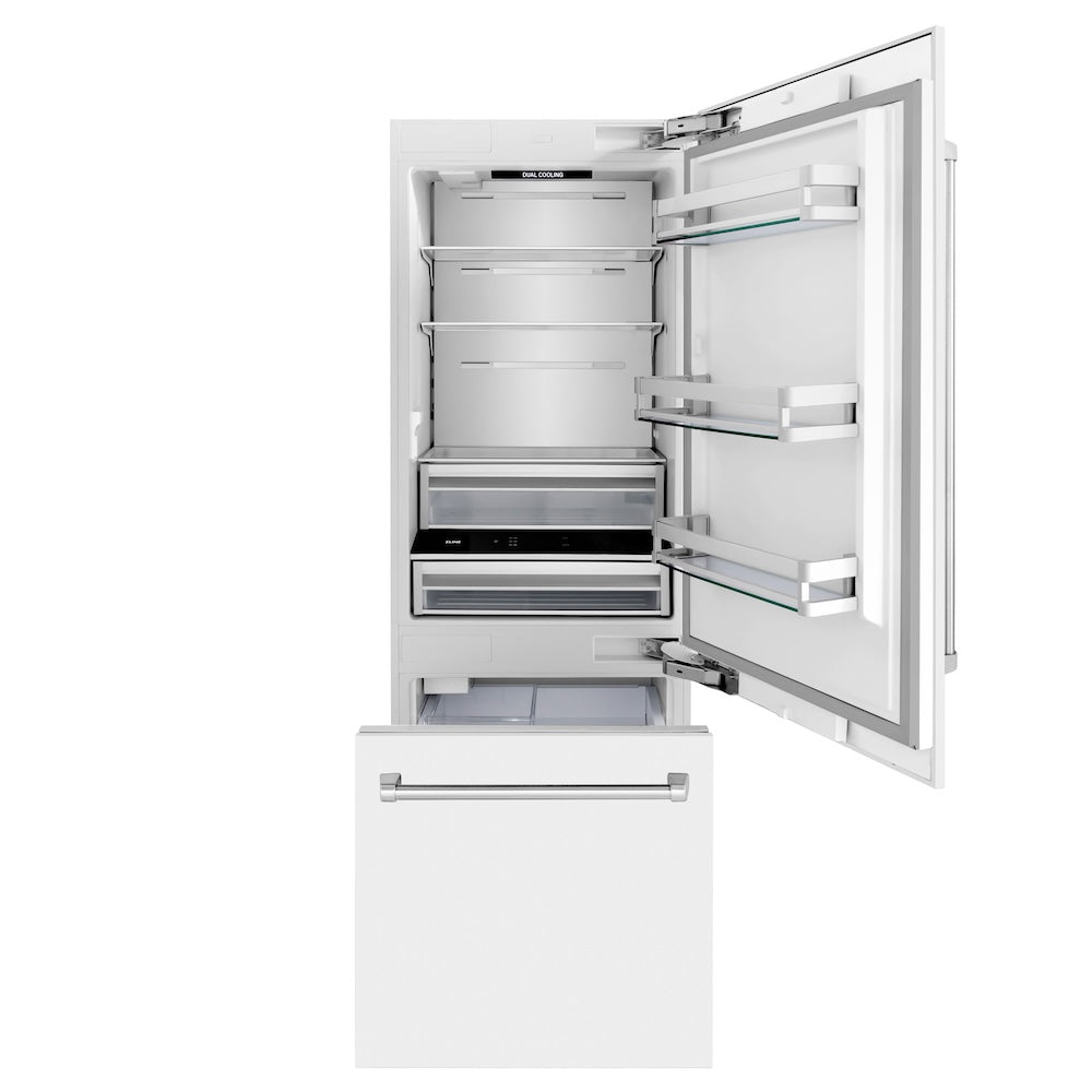 ZLINE 30 Inch 16.1 Cu Ft Built-In Bottom Freezer Refrigerator with Water Dispenser & Ice Maker - White Matte Finish (RBIV WM 30) | Perfect for Modern Kitchens, Open Floor Plans & Entertaining Spaces
