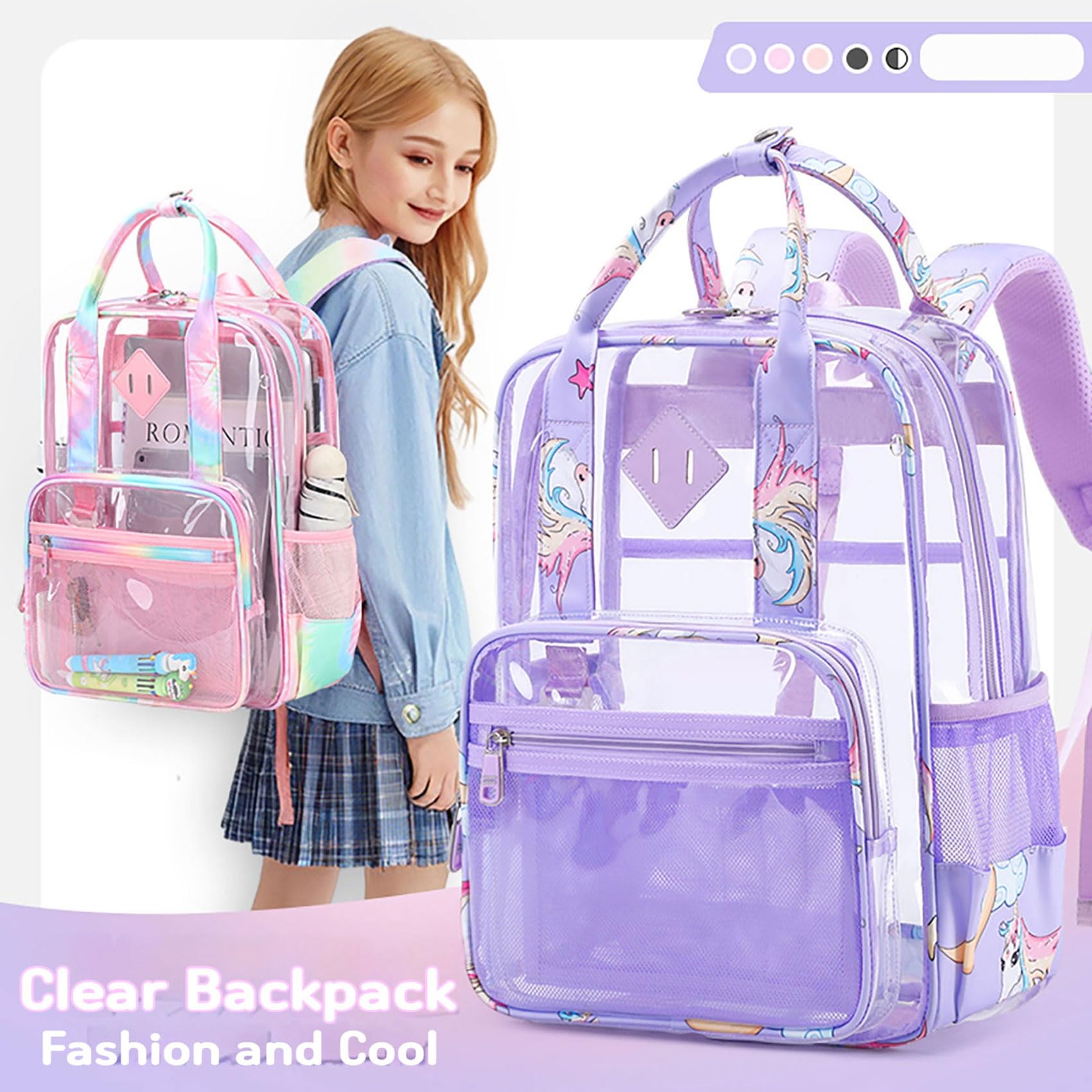 KEBEIXUAN Heavy Duty Clear Backpack - Transparent School Backpack with Multiple Pockets for Students, Work & Travel (3-Piece Set, Plaid Black) | Perfect for Concerts, Stadium Events & Airport Security