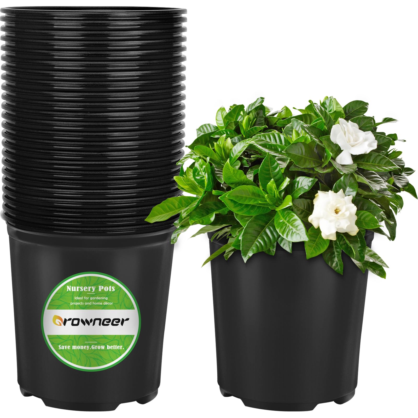 GROWNEER 24-Pack 6 Inch 1 Gallon Flexible Nursery Pots with Drainage Holes & 15 Plant Labels - Black Flower Plant Containers for Indoor Outdoor Seedlings, Vegetables, Succulents - Perfect for Gardening, Transplanting, and Home Decor