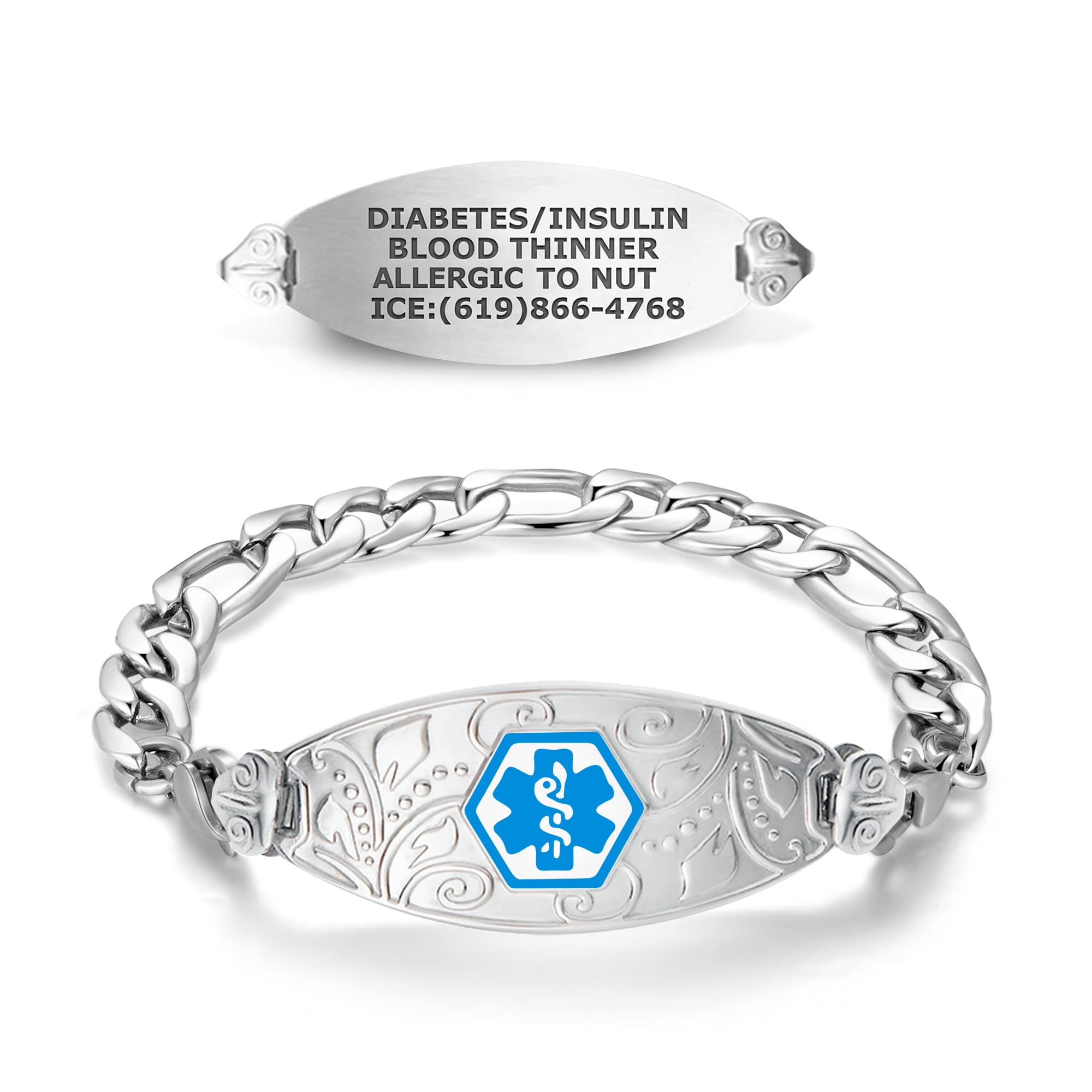 Divoti Custom Engraved Medical Alert Bracelets for Women - Stainless Steel Medical ID Bracelet with Free Engraving - Elegant Filigree Tag & Figaro Chain - Adjustable Sizes & Colors - Perfect for Diabetes, Allergies & Emergency Medical Identification